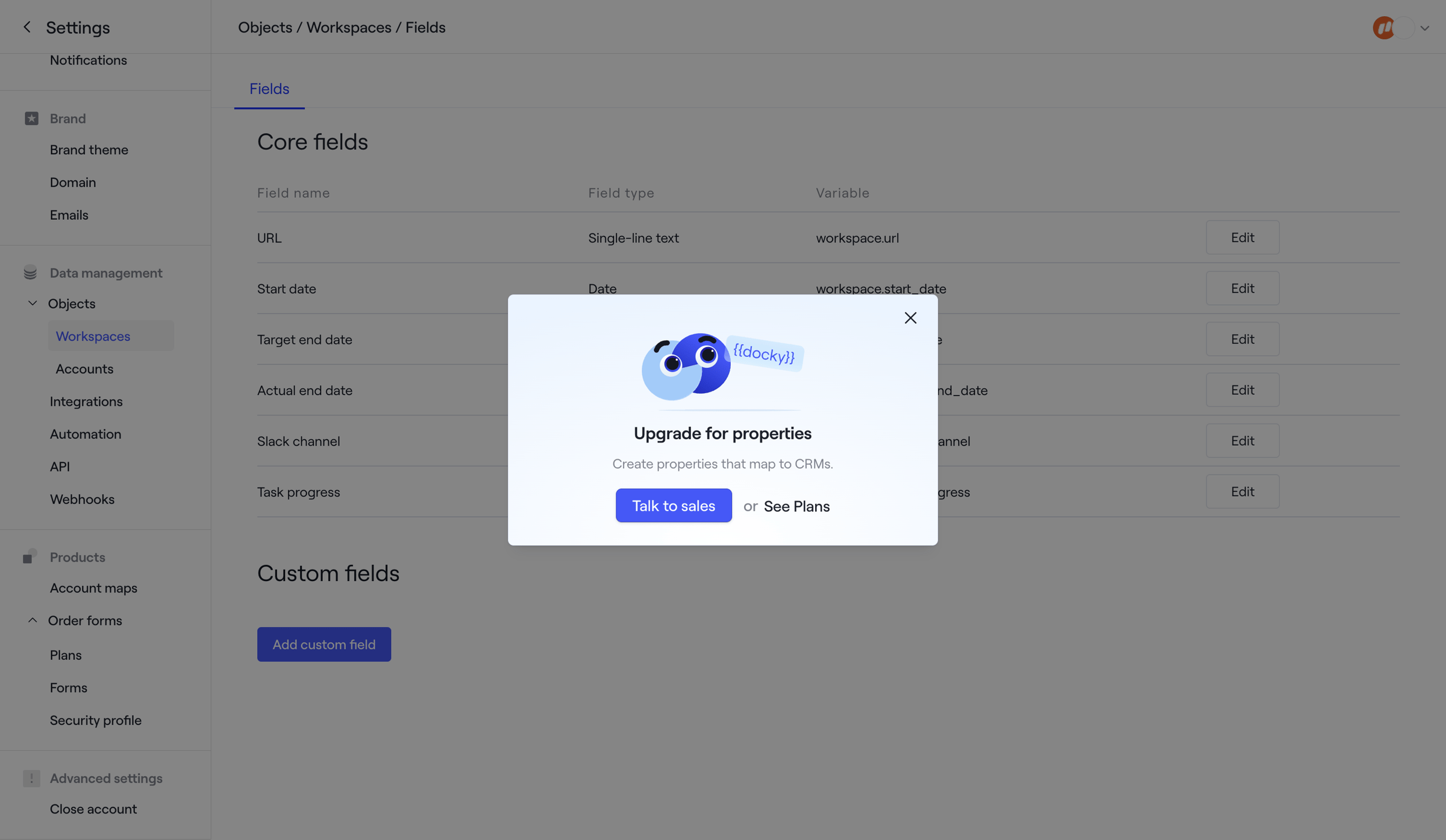 Dock - Objects · Workspaces · Fields screen