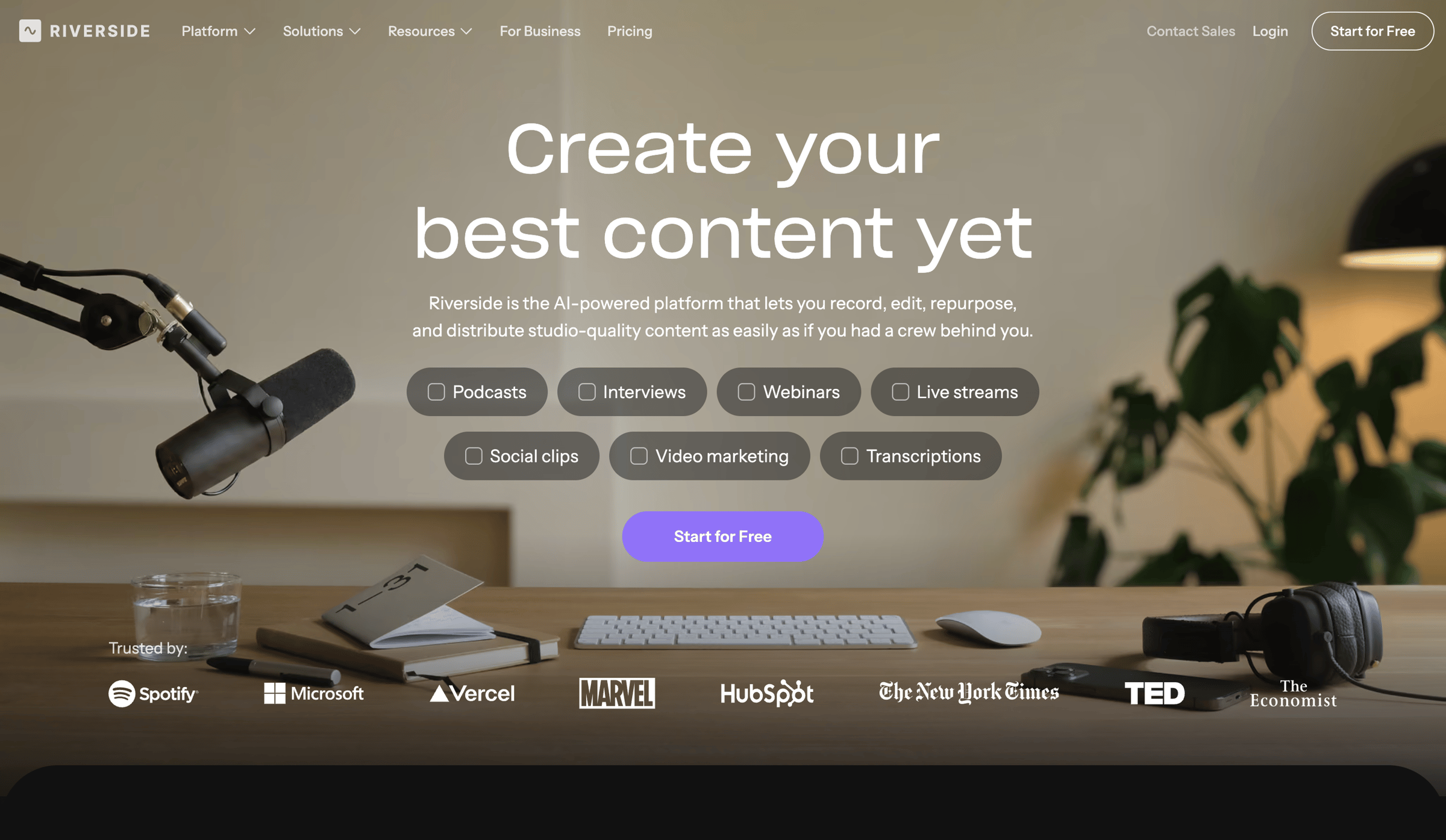 Riverside - Riverside: HD Podcast & Video Software | Free Recording & Editing - hover: Contact Sales screen
