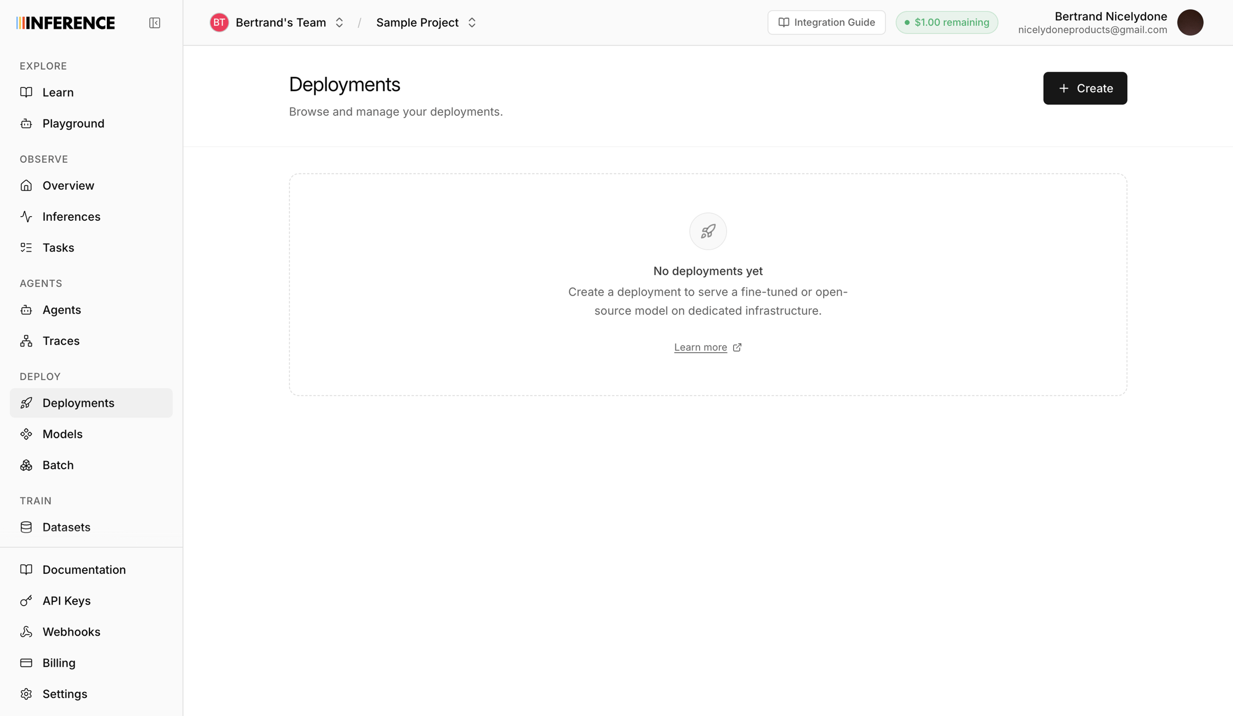 Inference - Dashboard | inference.net screen