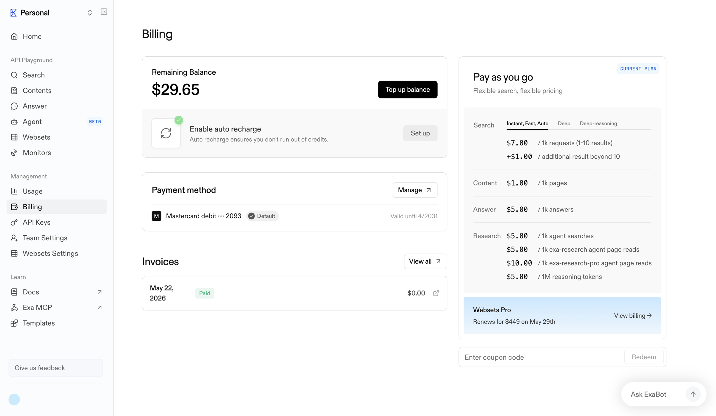 Exa - Billing | Exa API screen