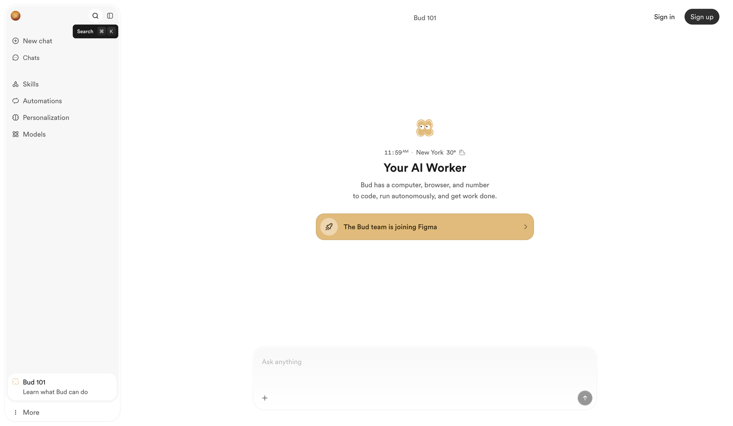 Bud - Bud - Your AI Worker - hover: Search screen