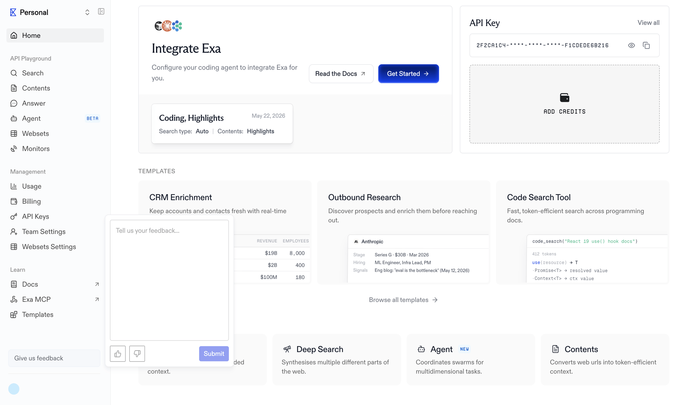 Exa - Home | Exa API screen