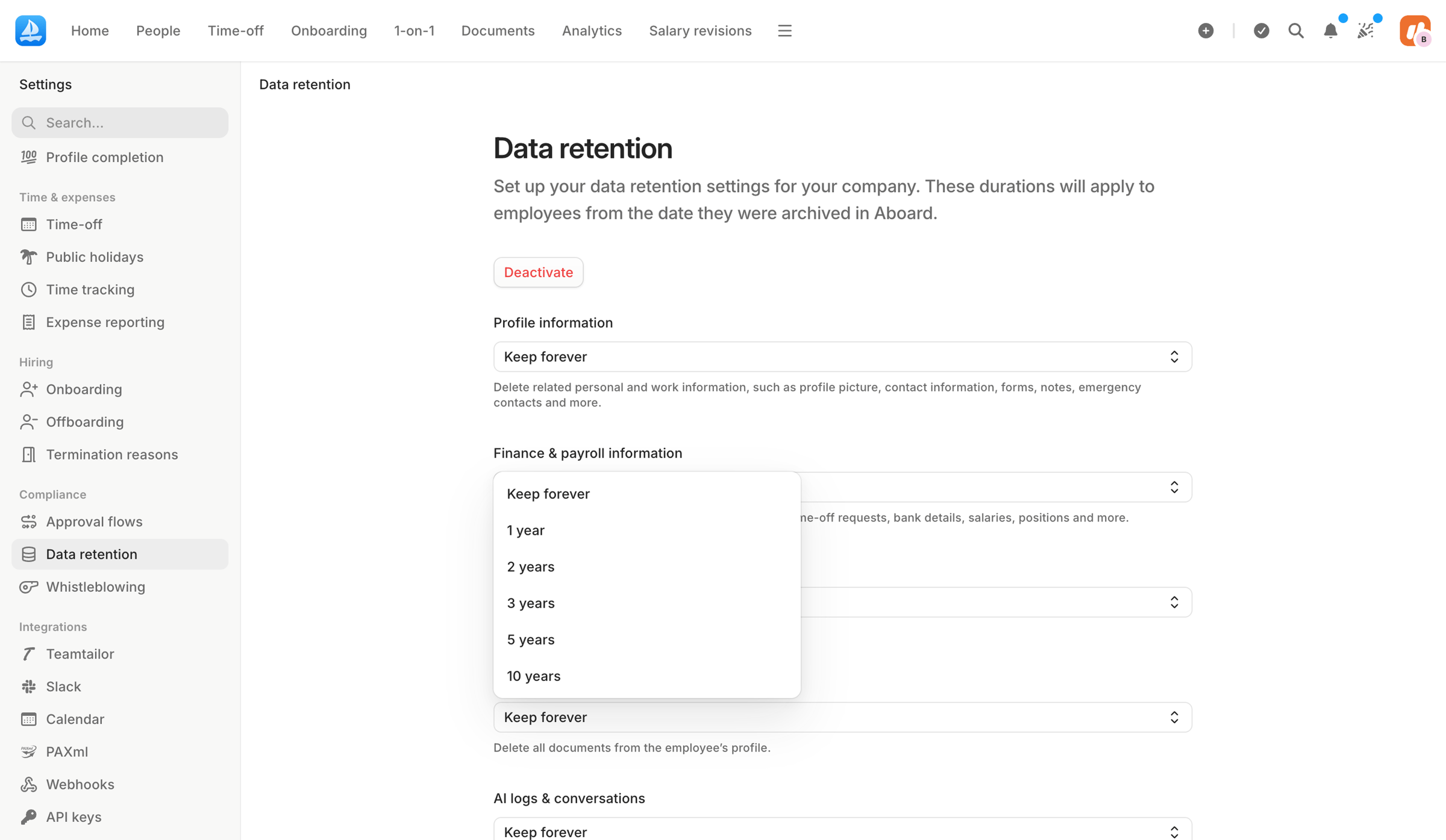 Aboard - Data retention | Settings | Aboard screen