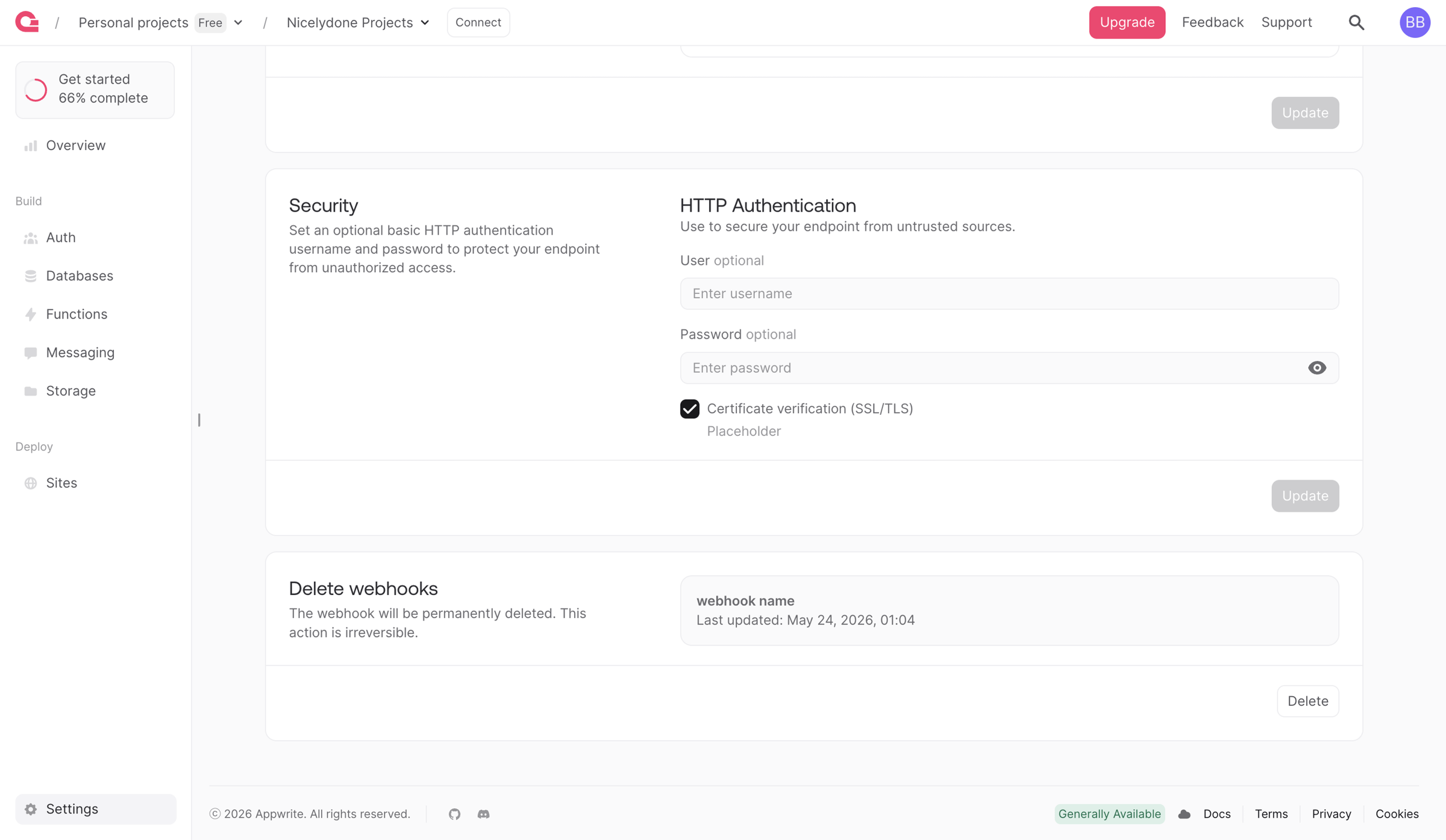Appwrite - Webhook - Appwrite screen