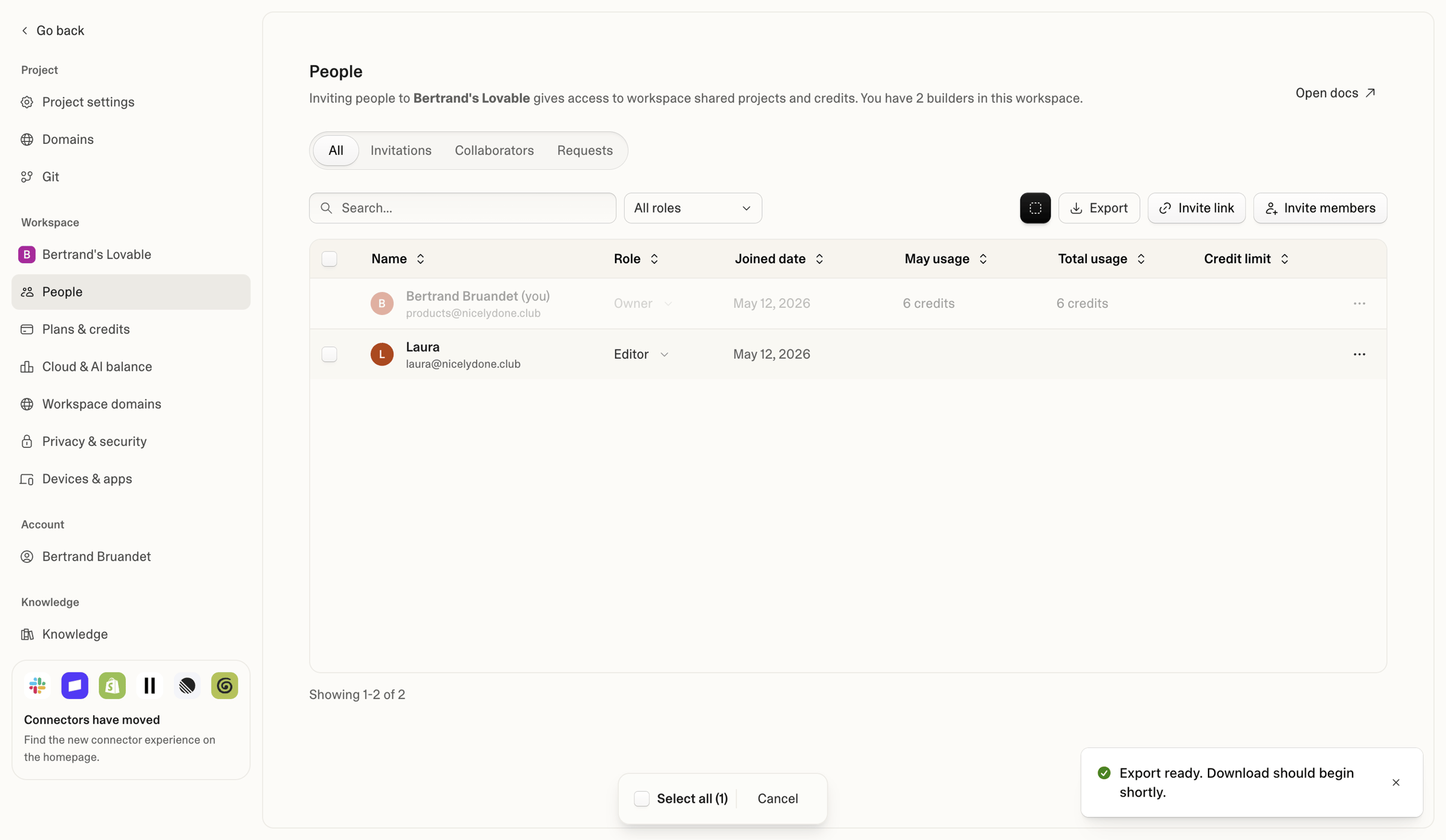 Lovable - Project settings - Lovable screen