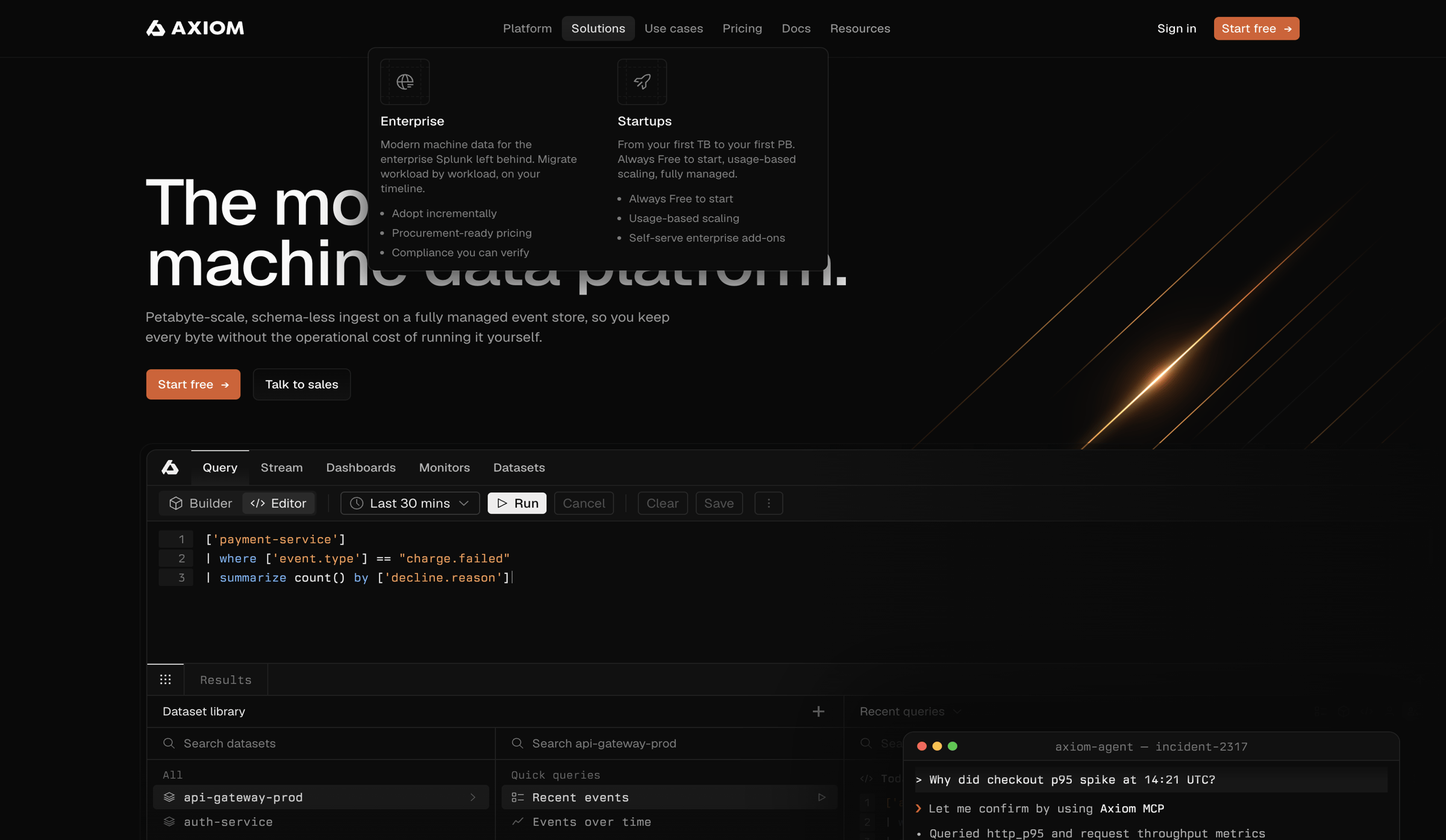 Axiom - Axiom - The modern machine data platform - hover: Solutions screen