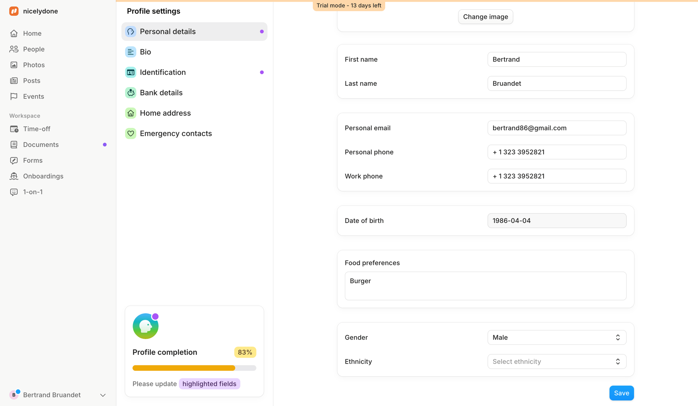 Aboard - Personal details | Profile settings | Aboard screen