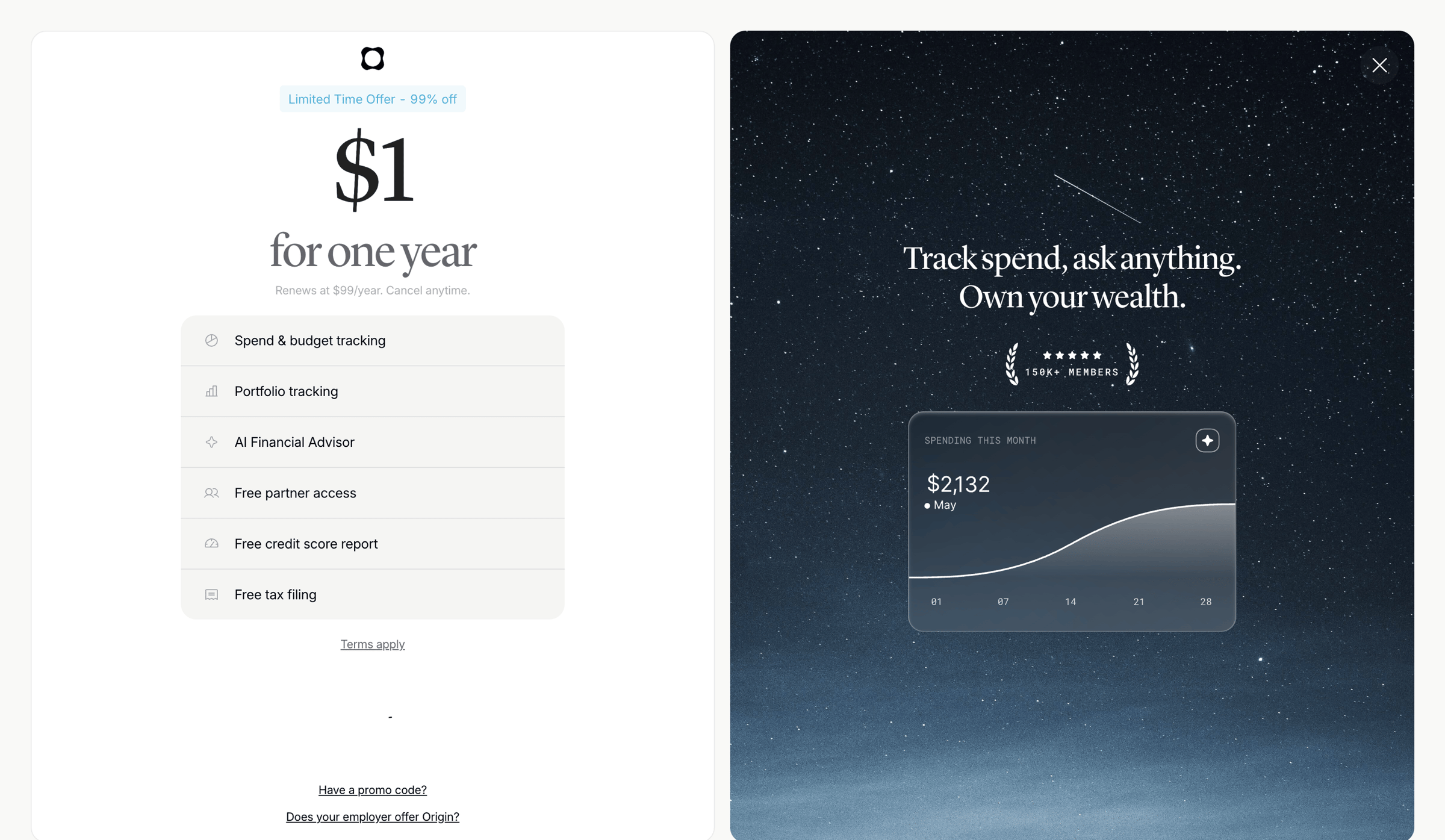 Origin Financial screen
