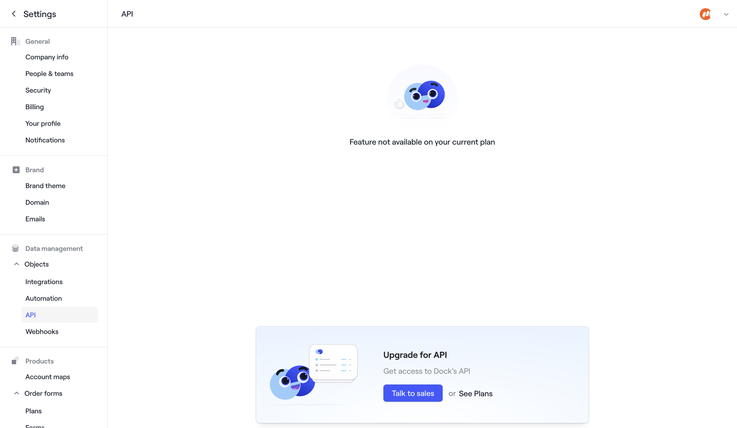 Dock - Settings · API screen