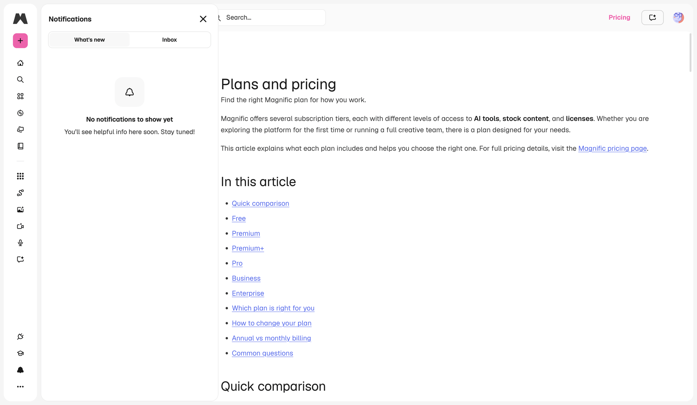 Magnific - Plans and pricing | Magnific Docs screen