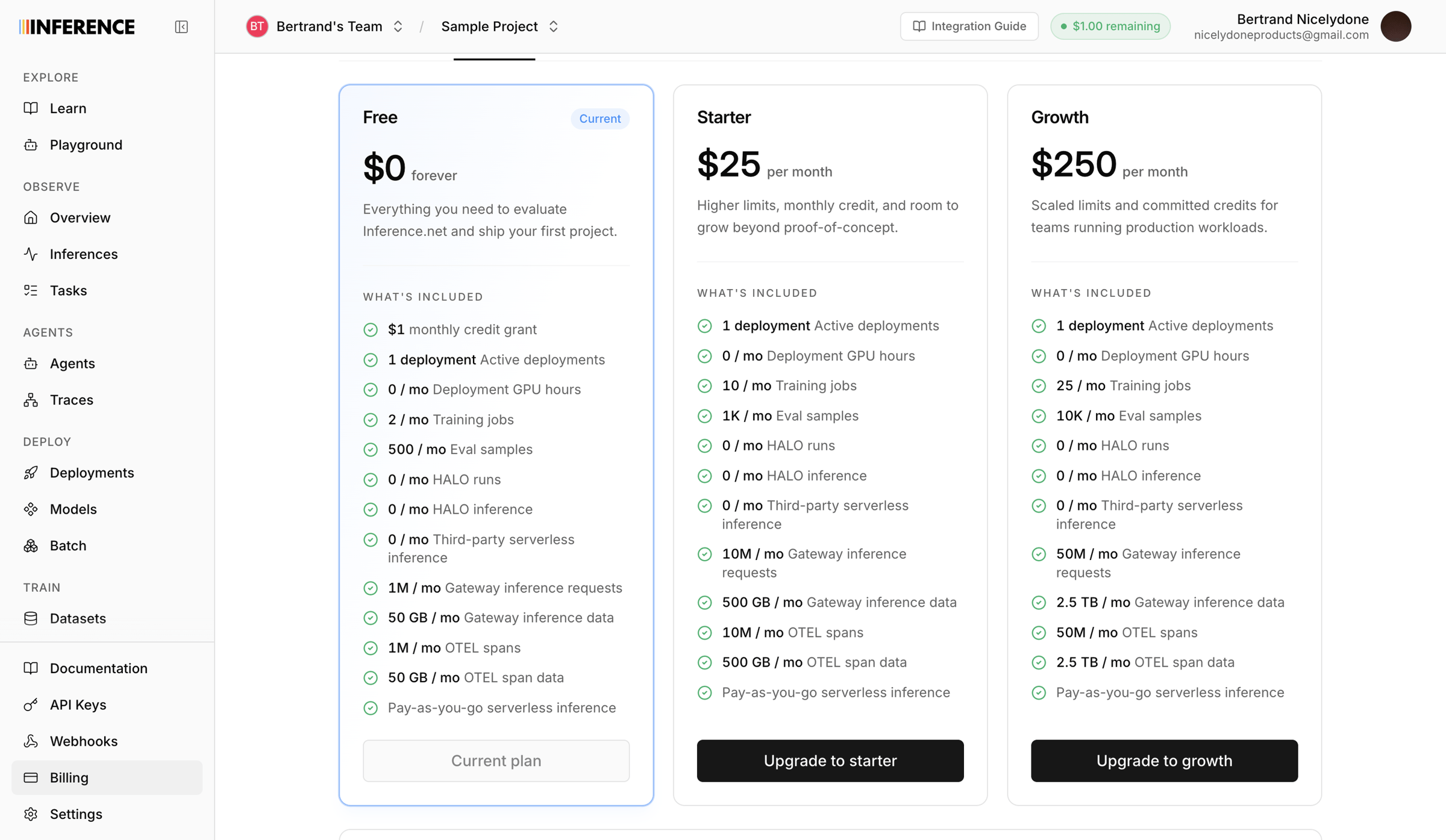Inference - Dashboard | inference.net screen