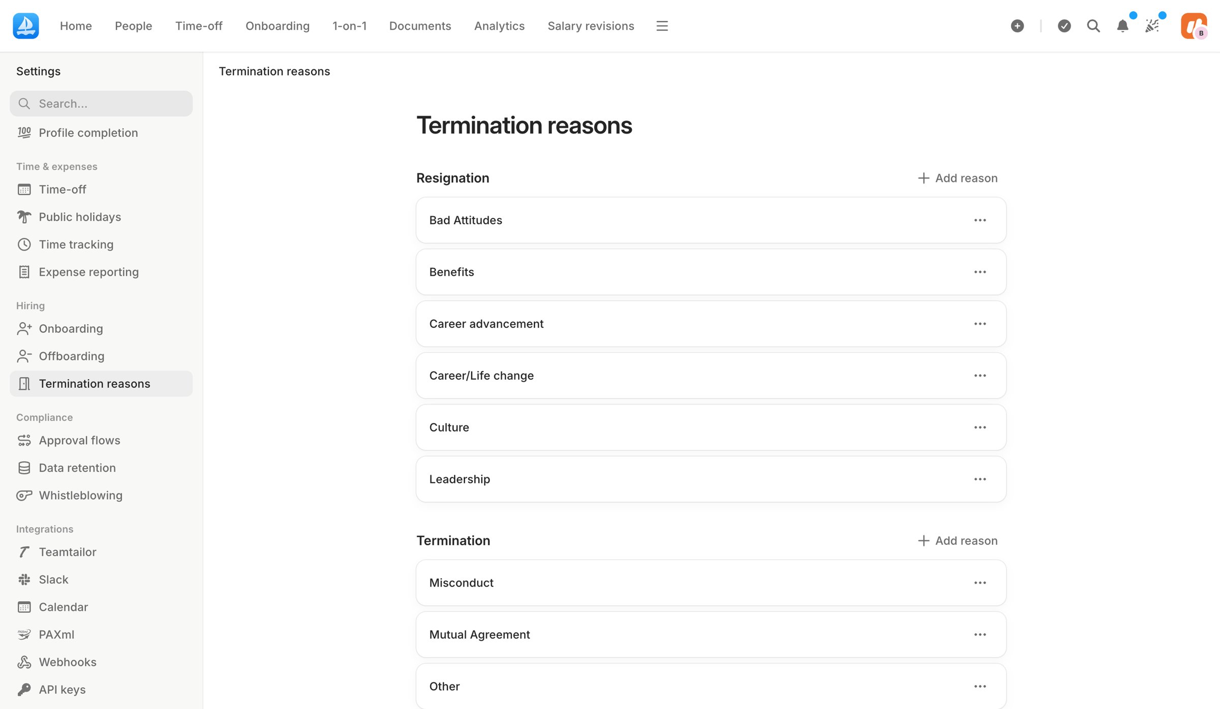Aboard - Termination reasons | Settings | Aboard screen
