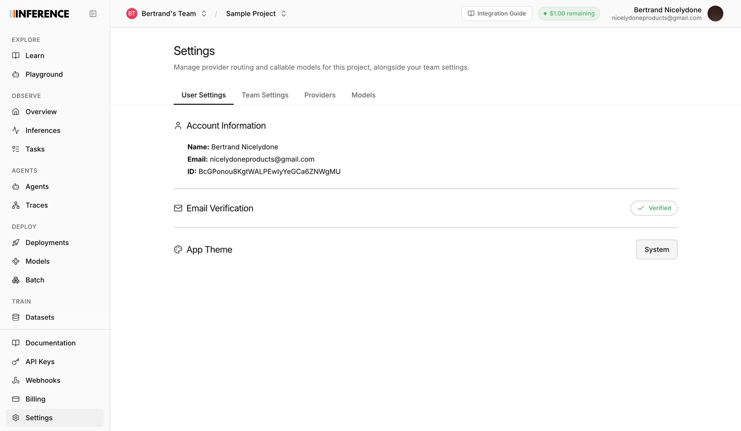 Inference - Settings | inference.net screen