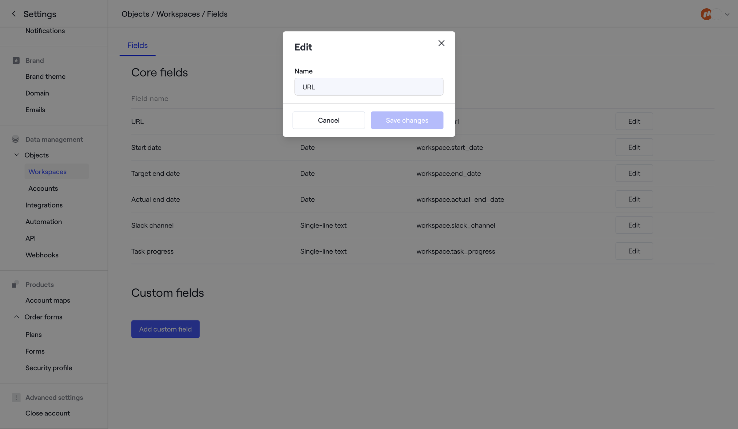 Dock - Objects · Workspaces · Fields screen