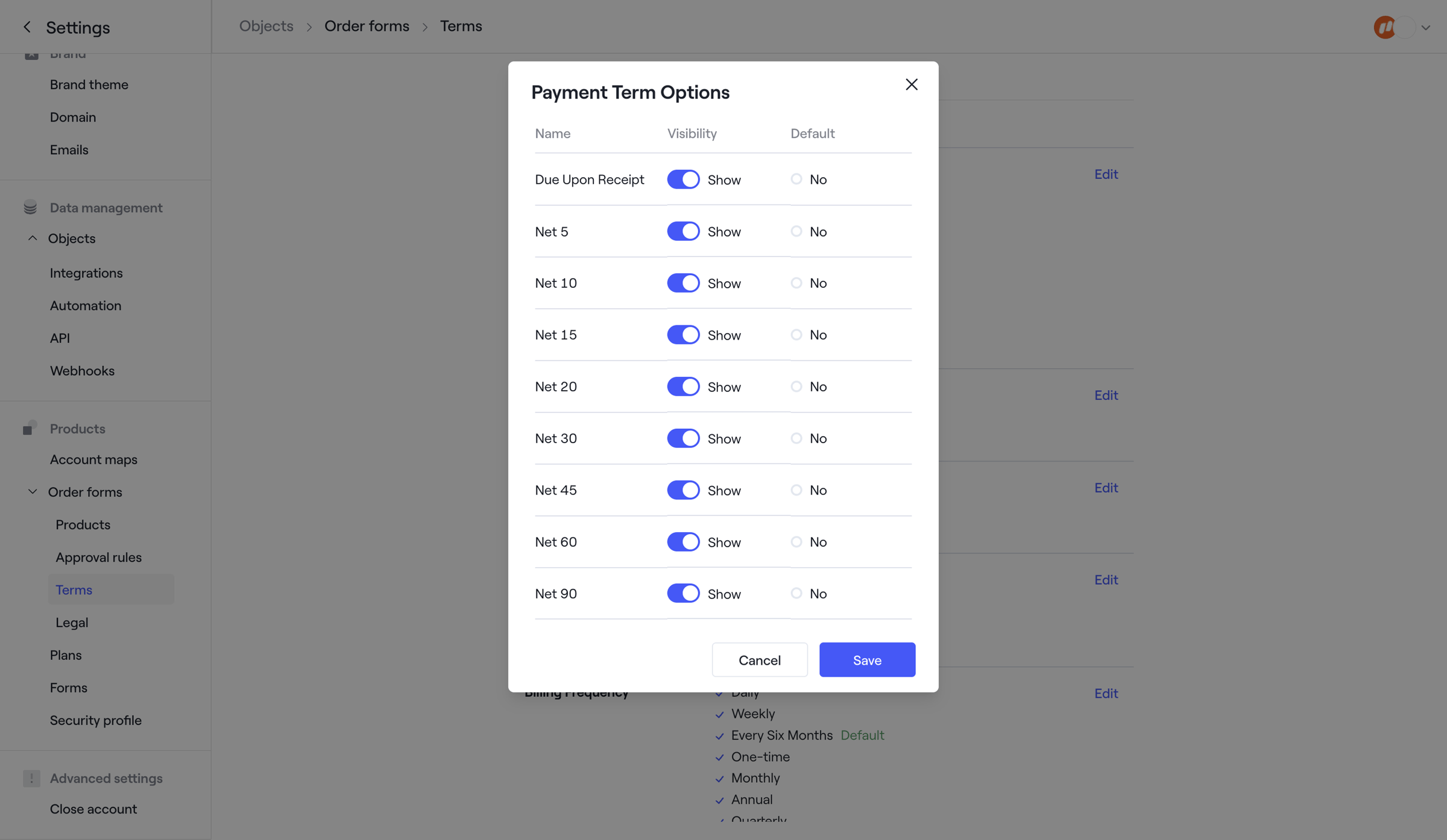 Dock - Order form terms · Dock screen