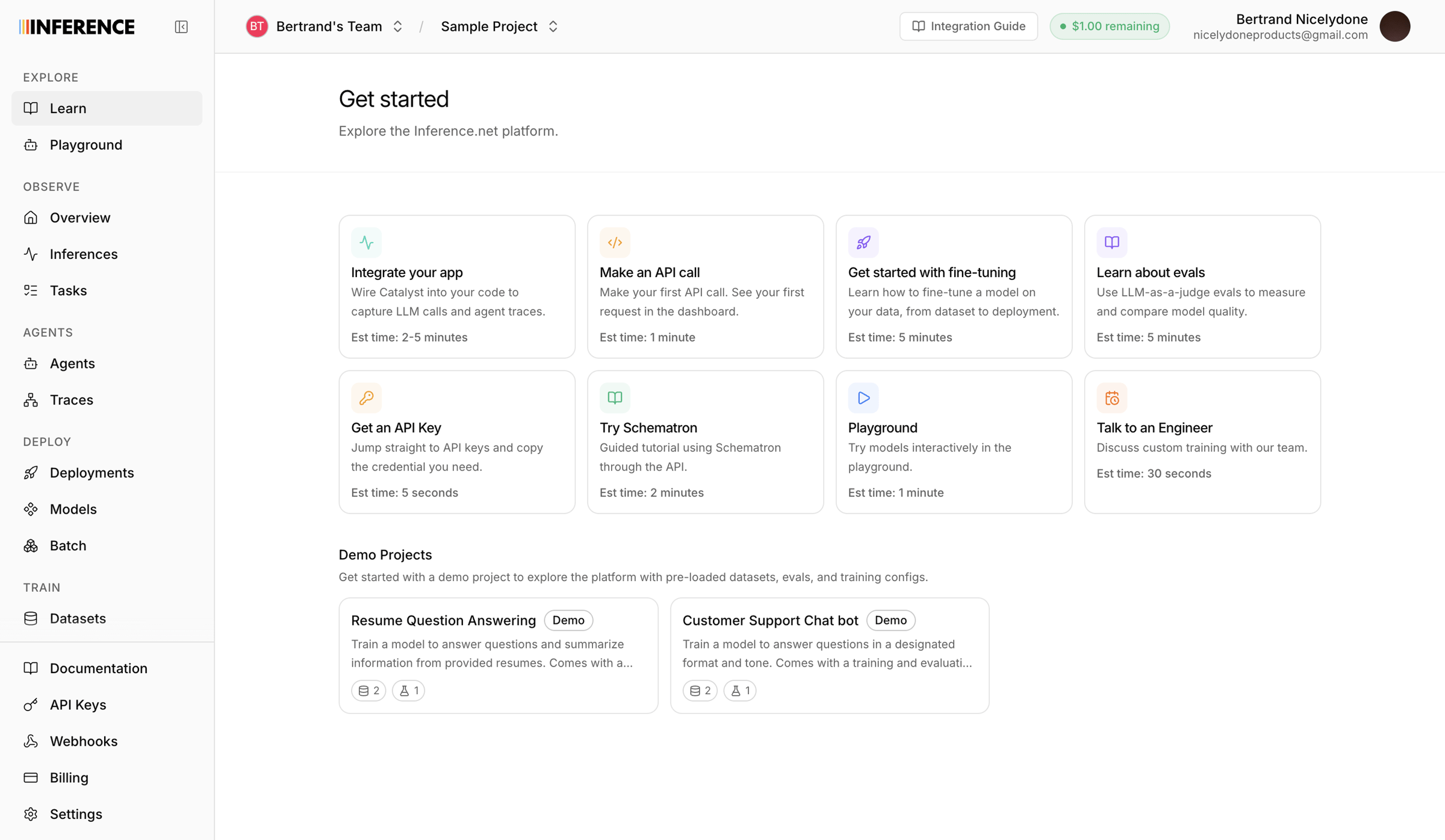 Inference - Dashboard | inference.net screen