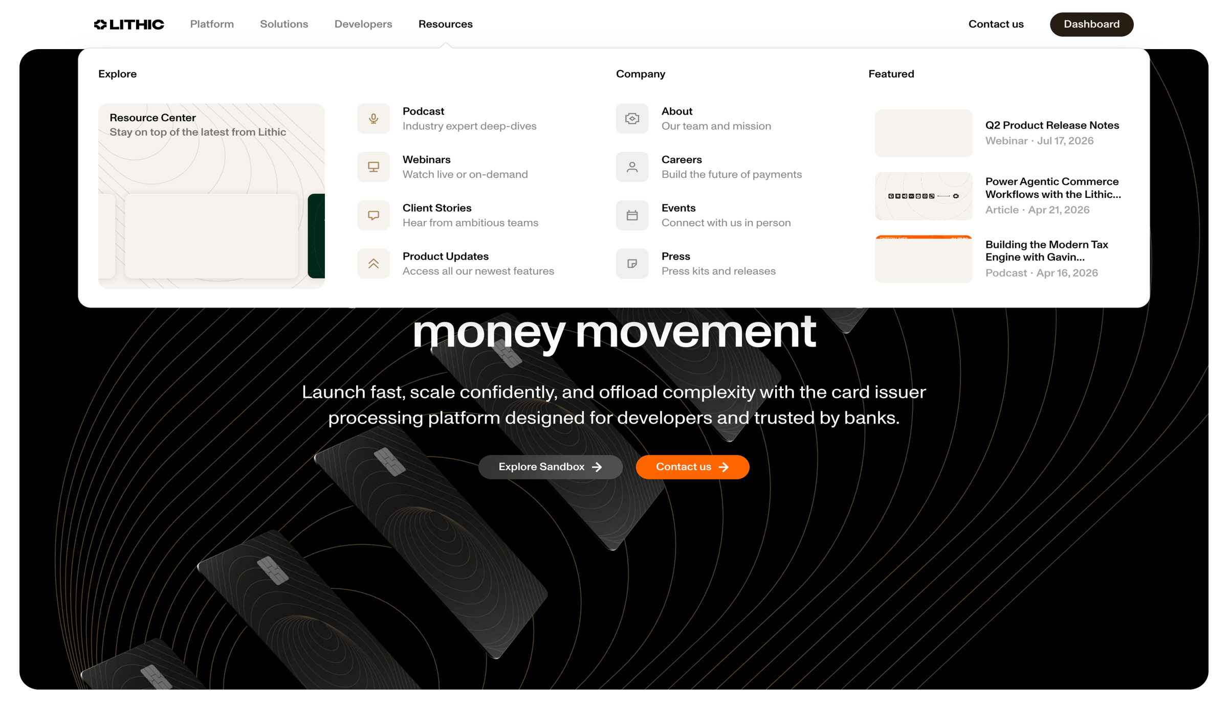 Lithic - Programmable Card Issuing and Money Movement | Lithic - hover: Resources screen