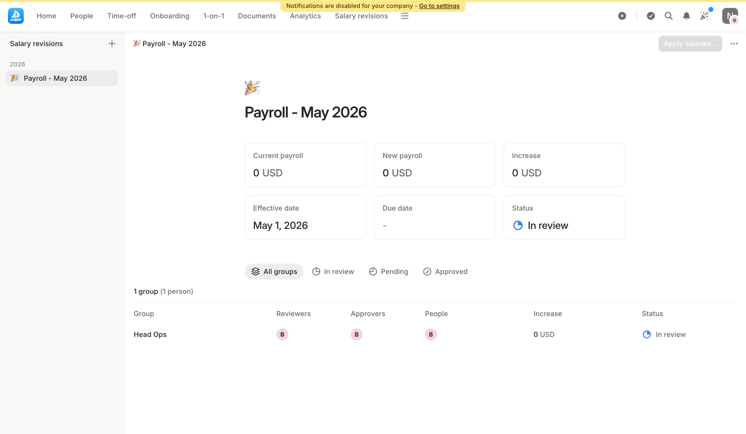 Aboard - Payroll - May 2026 - Salary revisions | Aboard screen