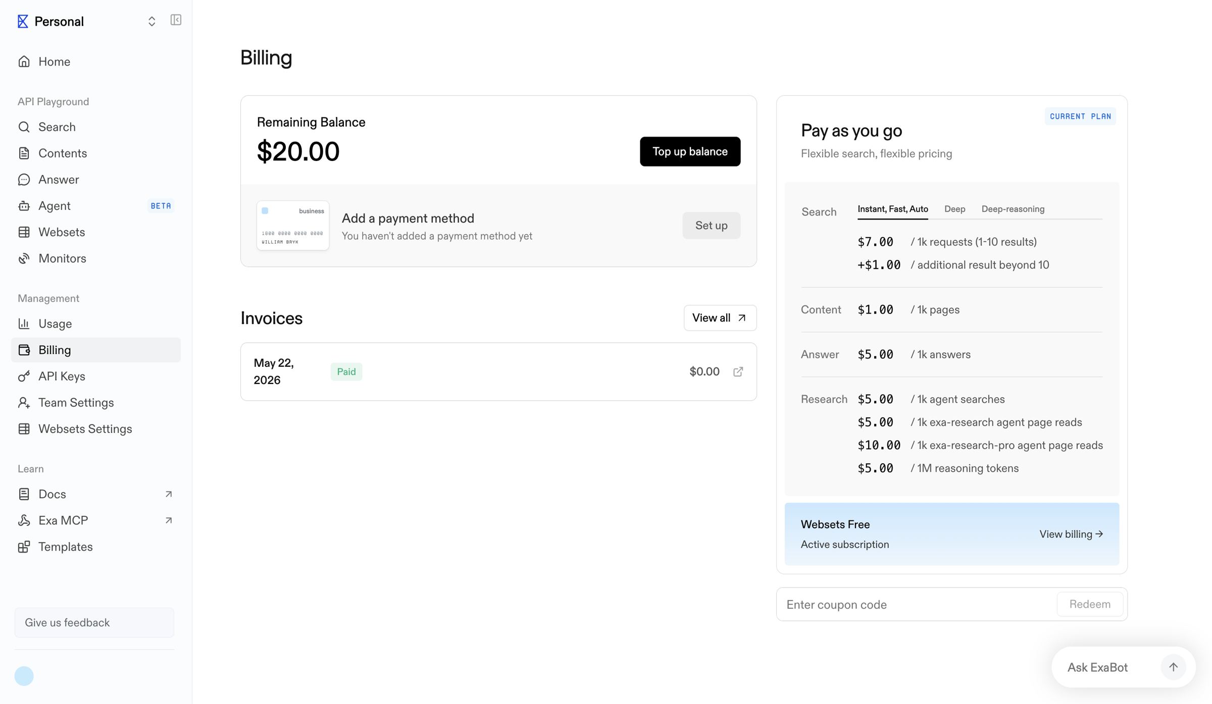 Exa - Billing | Exa API screen
