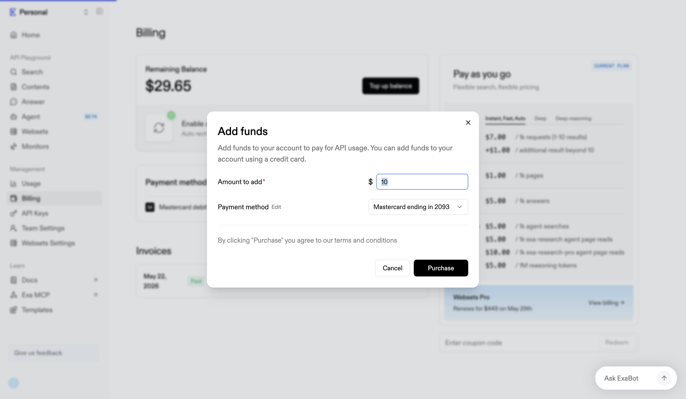 Exa - Billing | Exa API screen