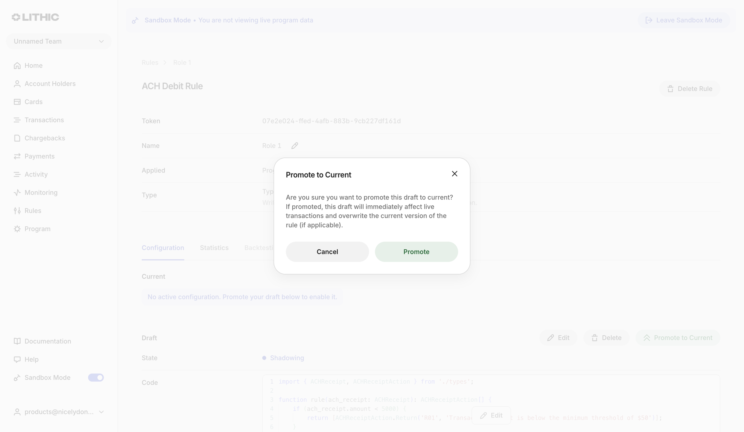 Lithic - Lithic - Create ACH Debit Rule screen