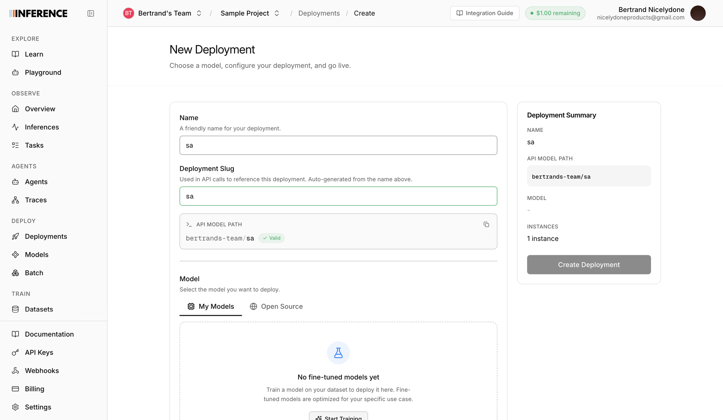 Inference - Dashboard | inference.net screen