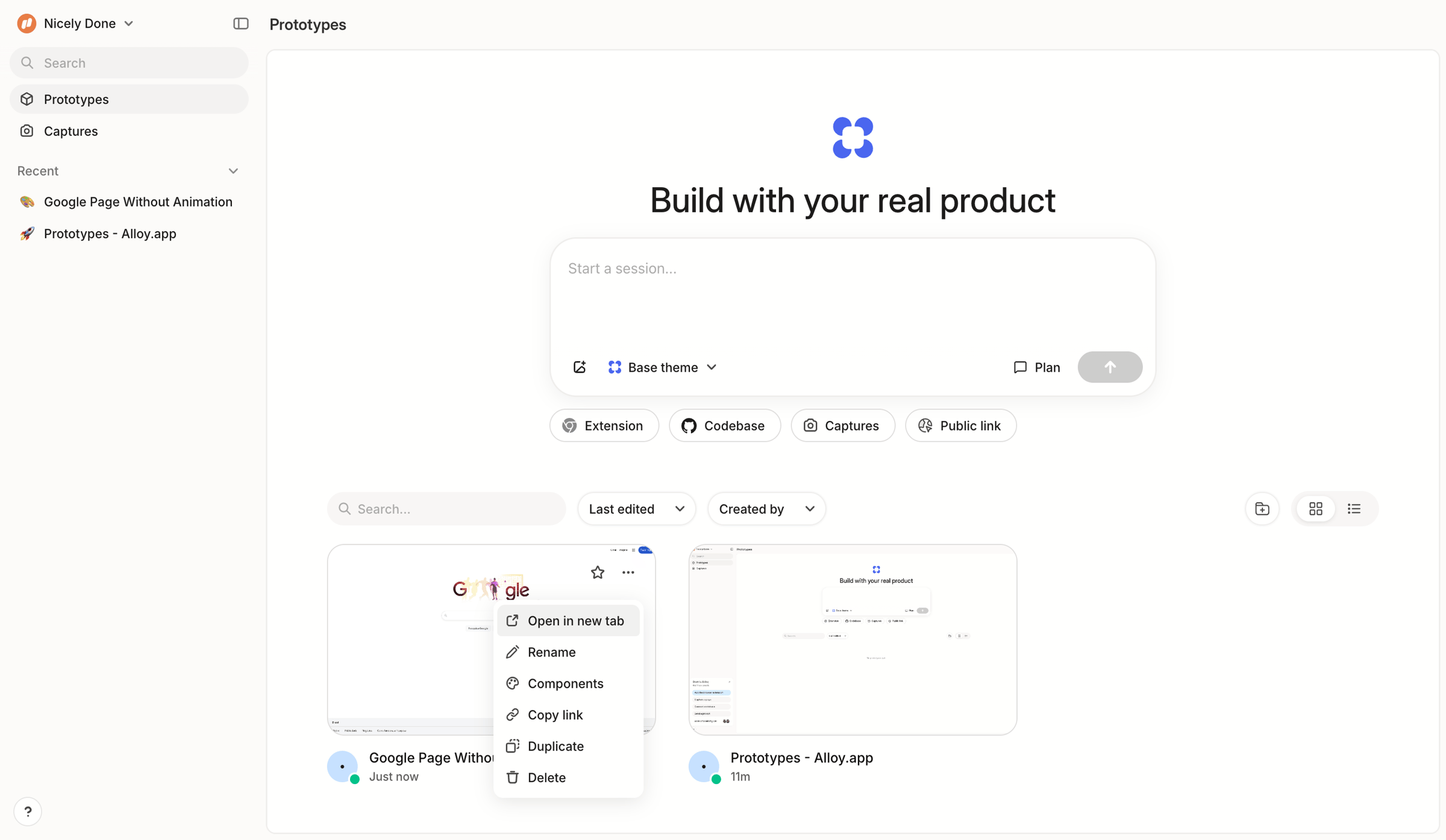 Alloy - Prototypes screen