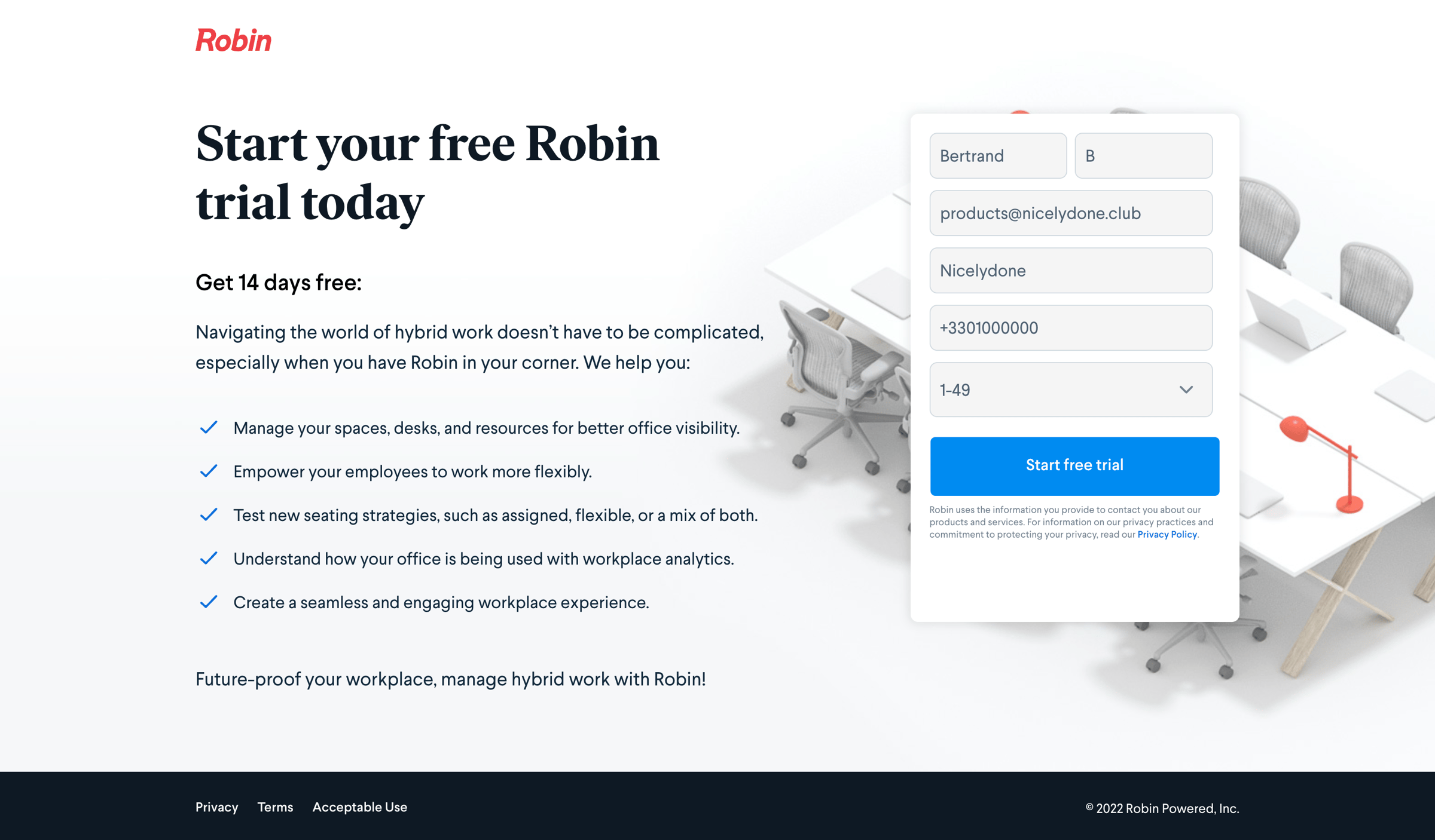 Robin - Start your free Robin trial screen