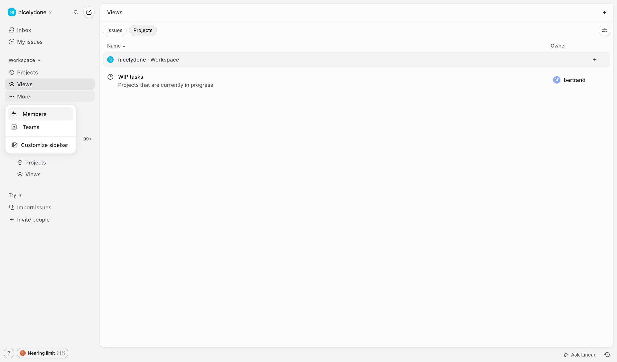 Linear - Projects screen