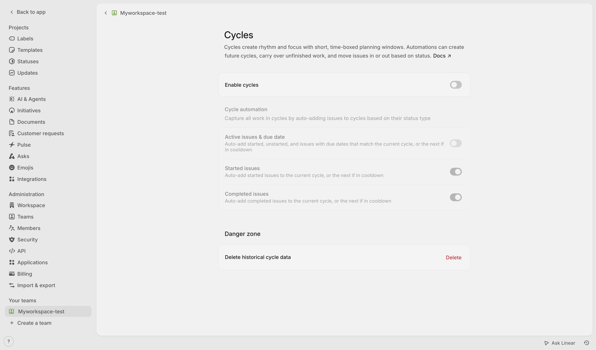 Linear - Myworkspace-test › Cycles screen