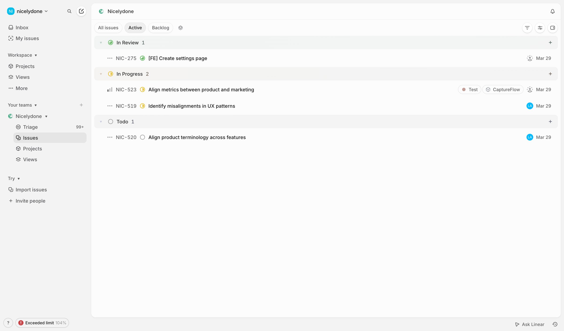 Linear - Nicelydone › Active issues screen