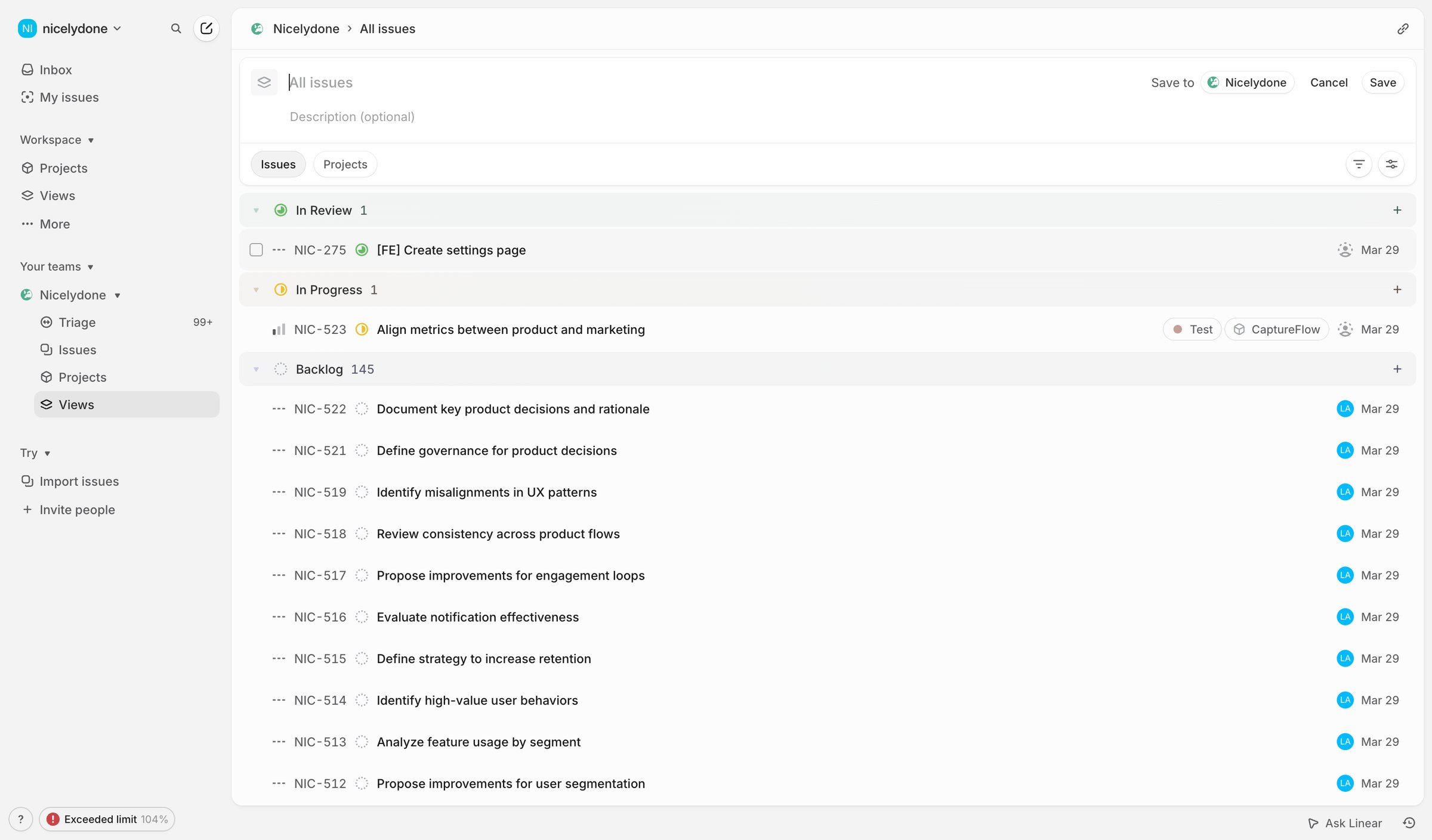 Linear - New view screen