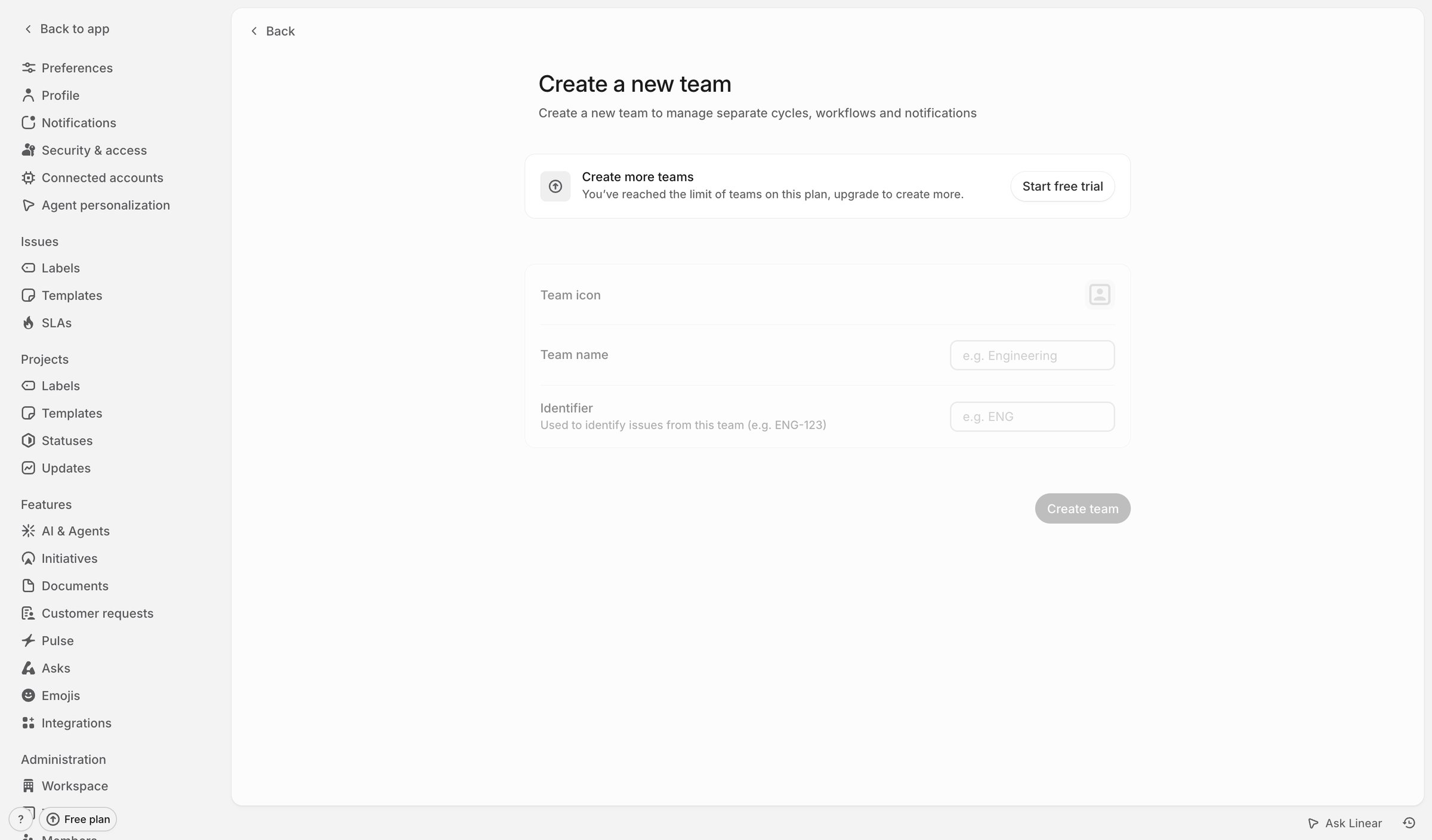 Linear - Create a new team screen