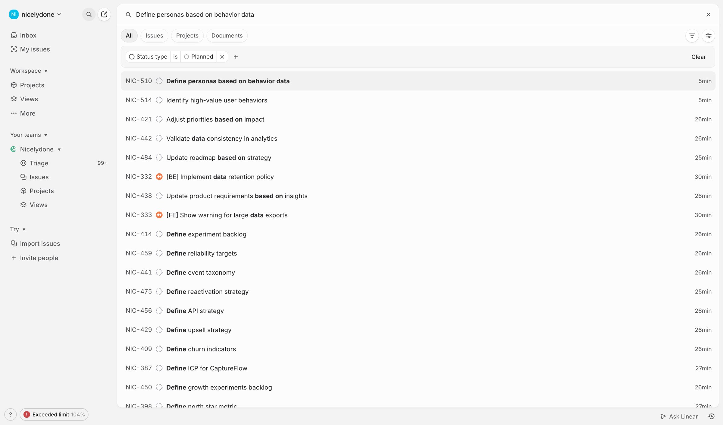 Linear - Search › Define personas based on behavior data screen