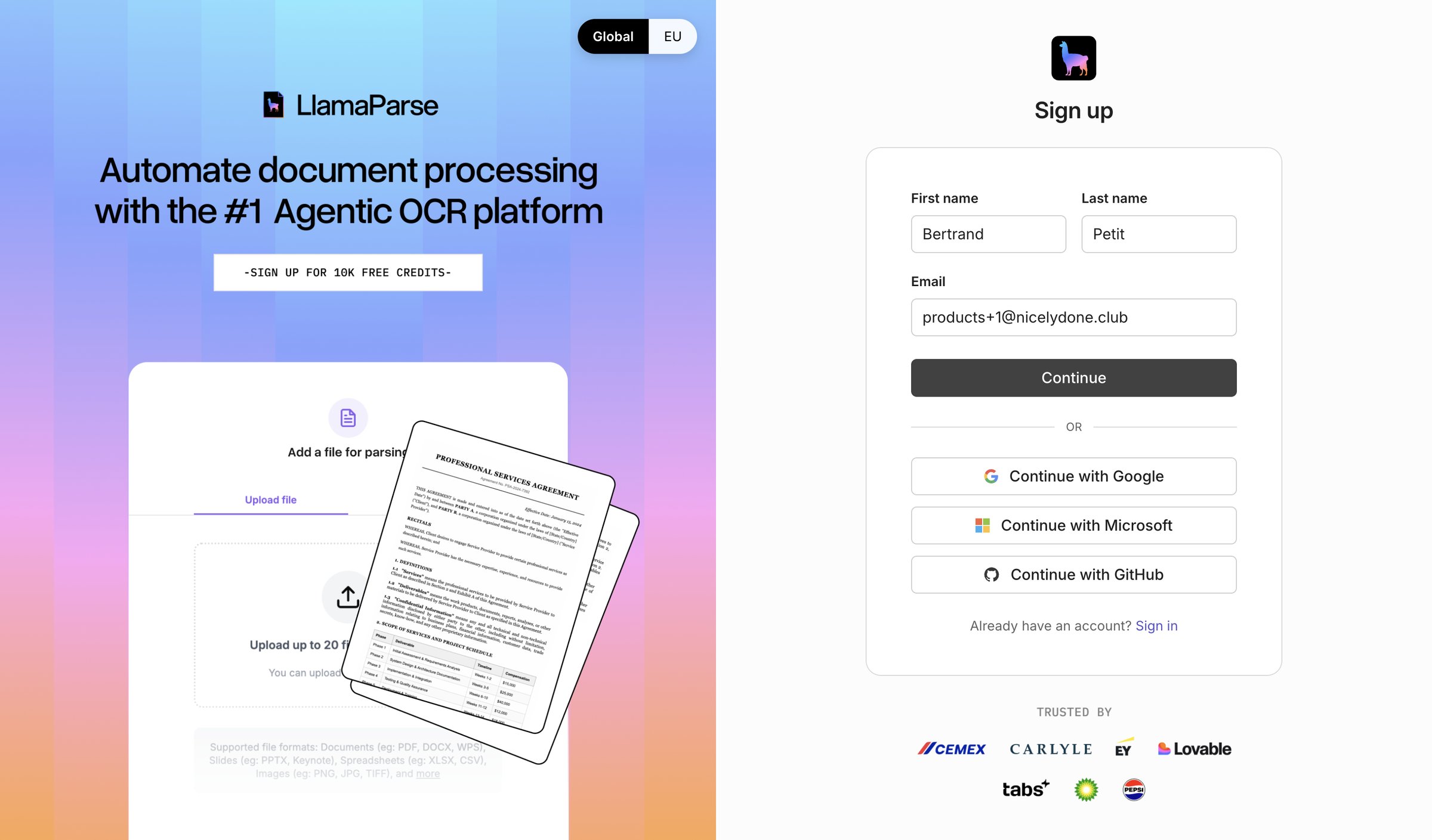 Llamaindex - Sign up screen