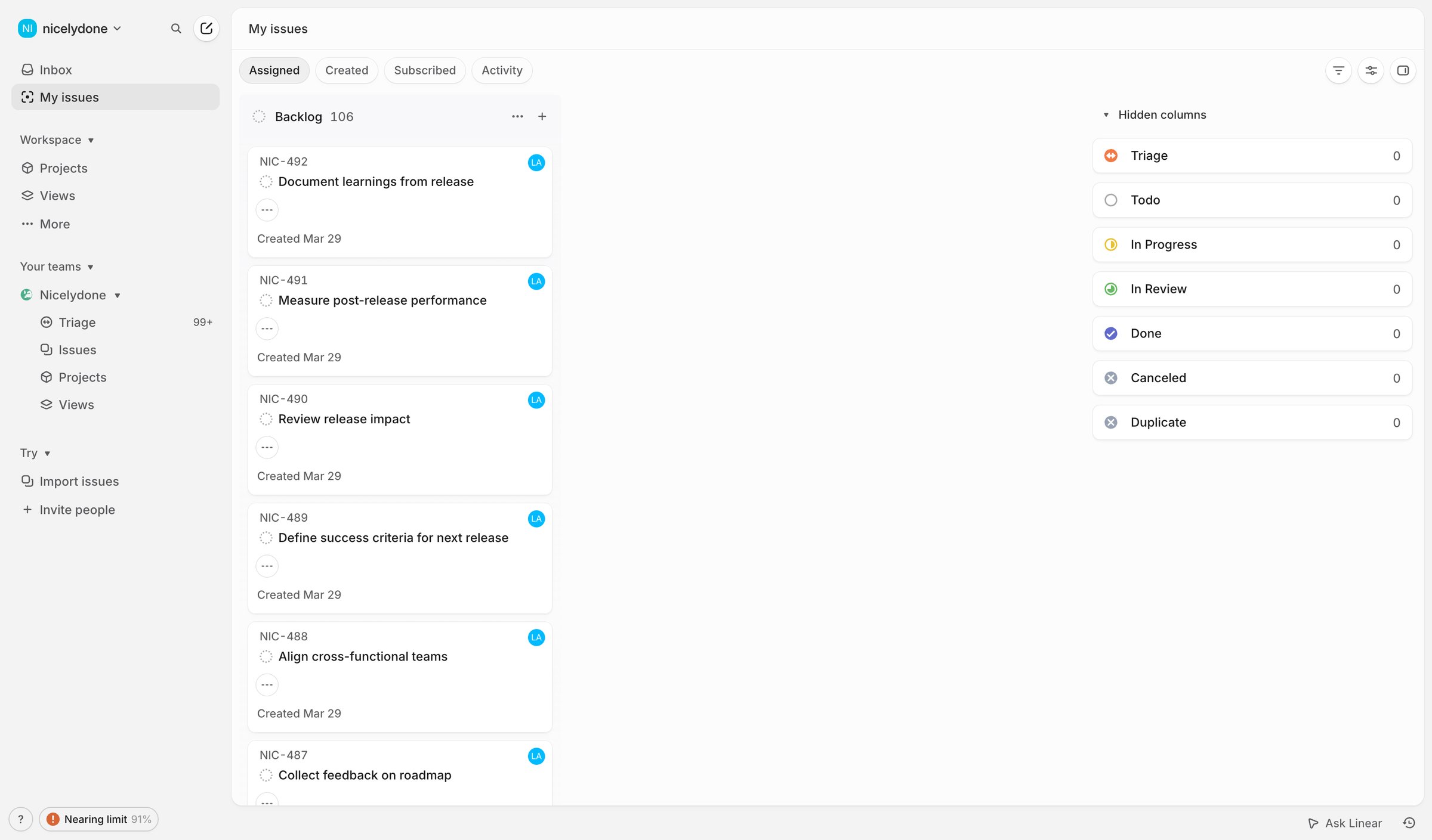 Linear - My issues › Assigned screen