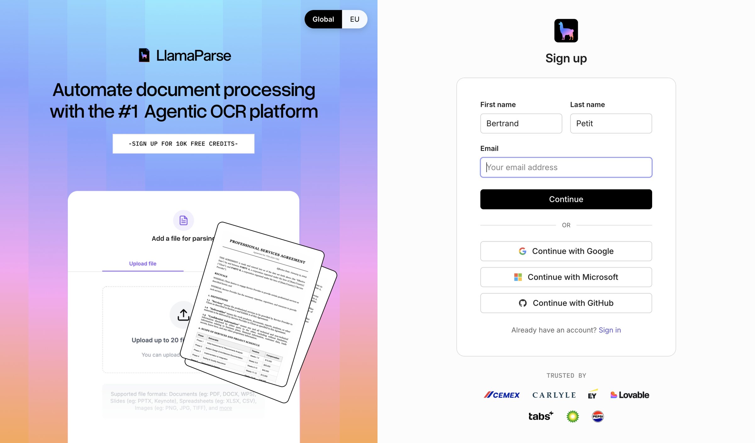 Llamaindex - Sign up screen