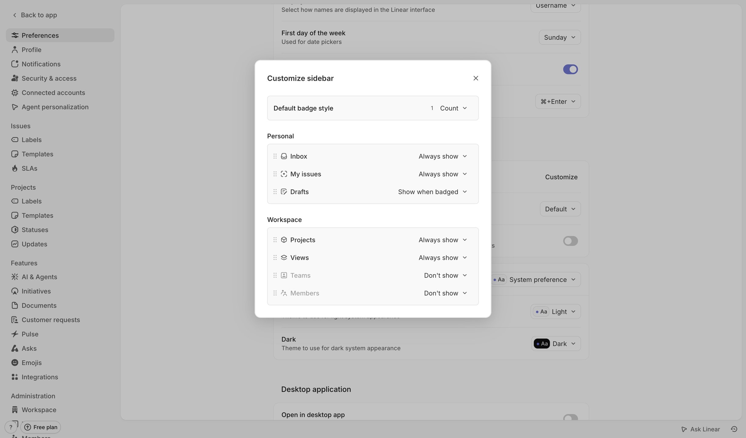 Linear - Preferences screen