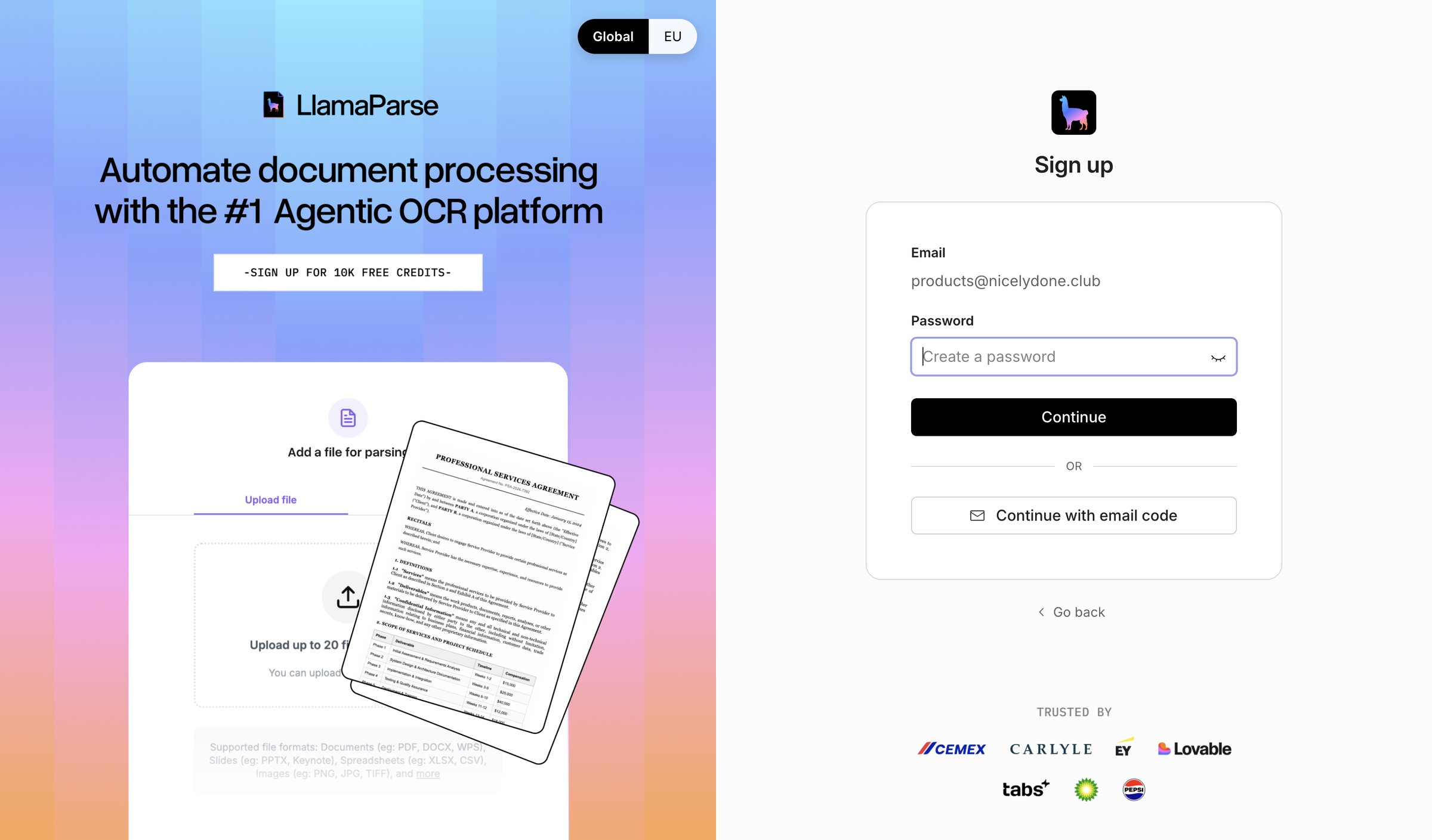 Llamaindex - Sign up screen