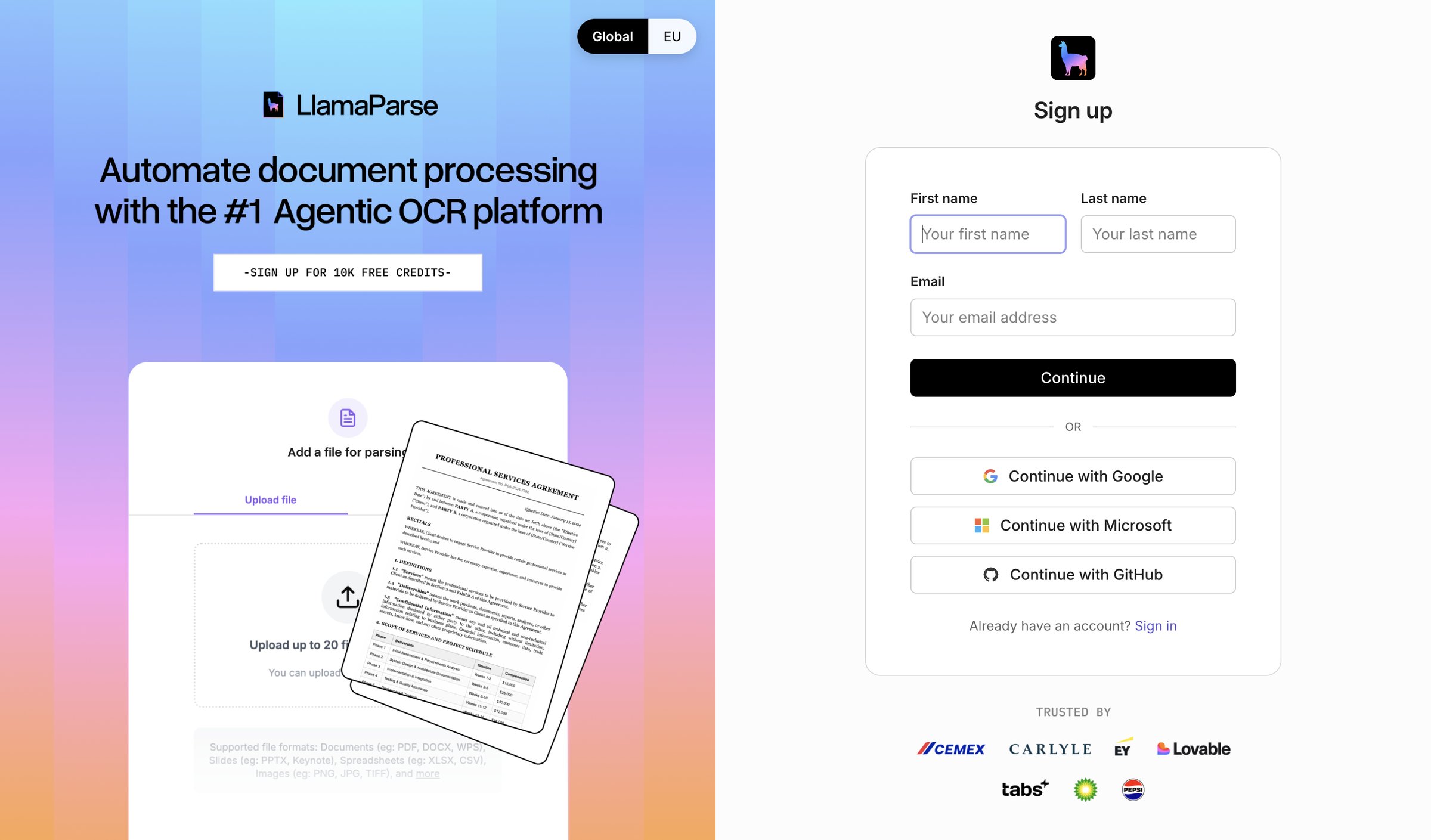 Llamaindex - Sign up screen