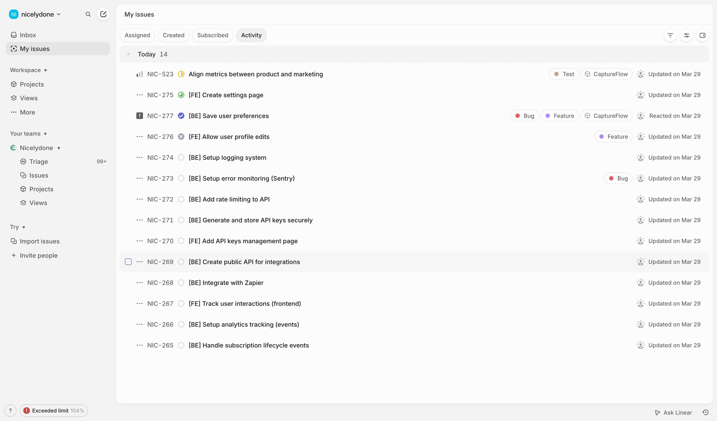 Linear - My issues › Activity screen
