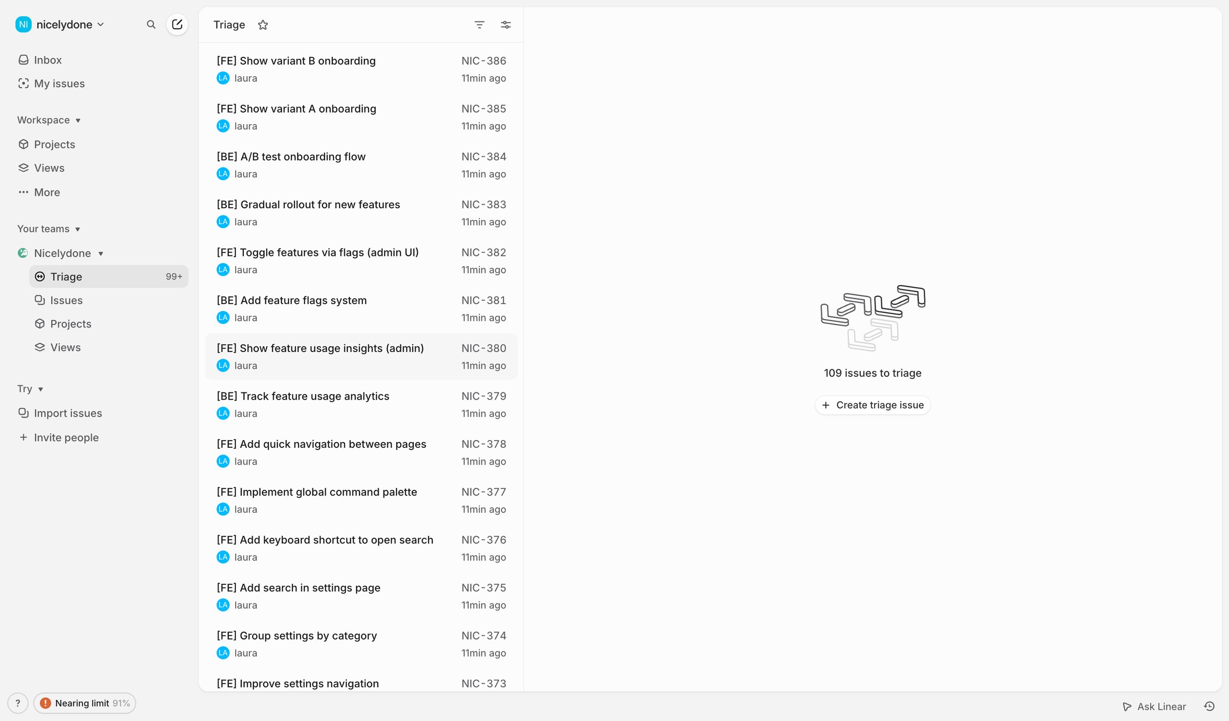 Linear - Nicelydone › Triage (99+) screen
