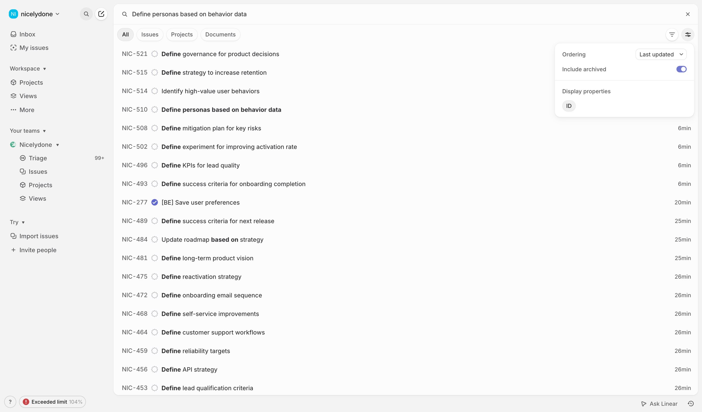 Linear - Search › Define personas based on behavior data screen
