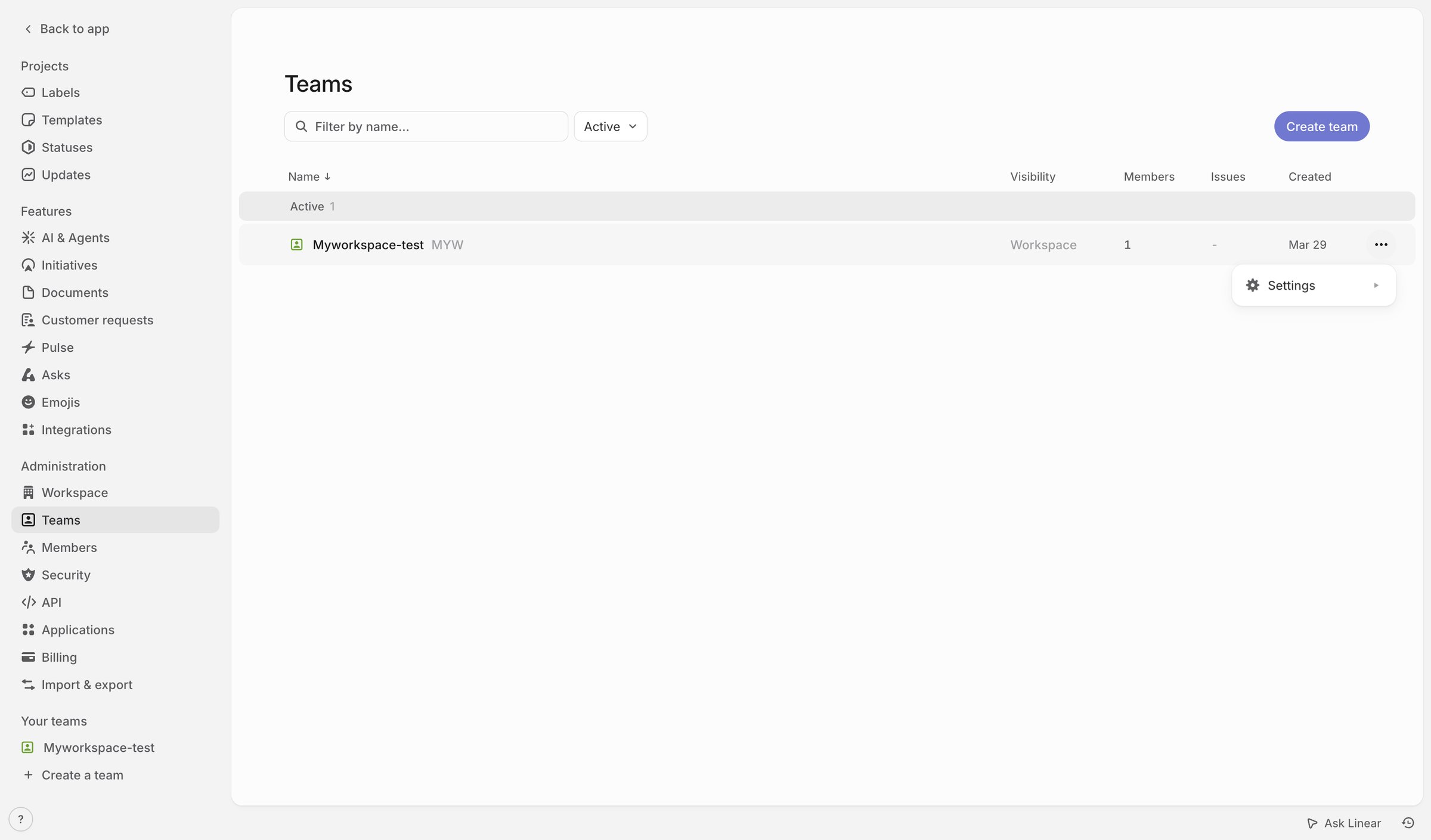 Linear - Teams screen