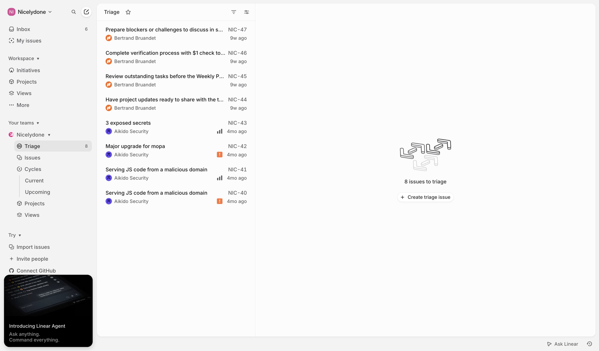 Linear - Nicelydone › Triage (8) screen