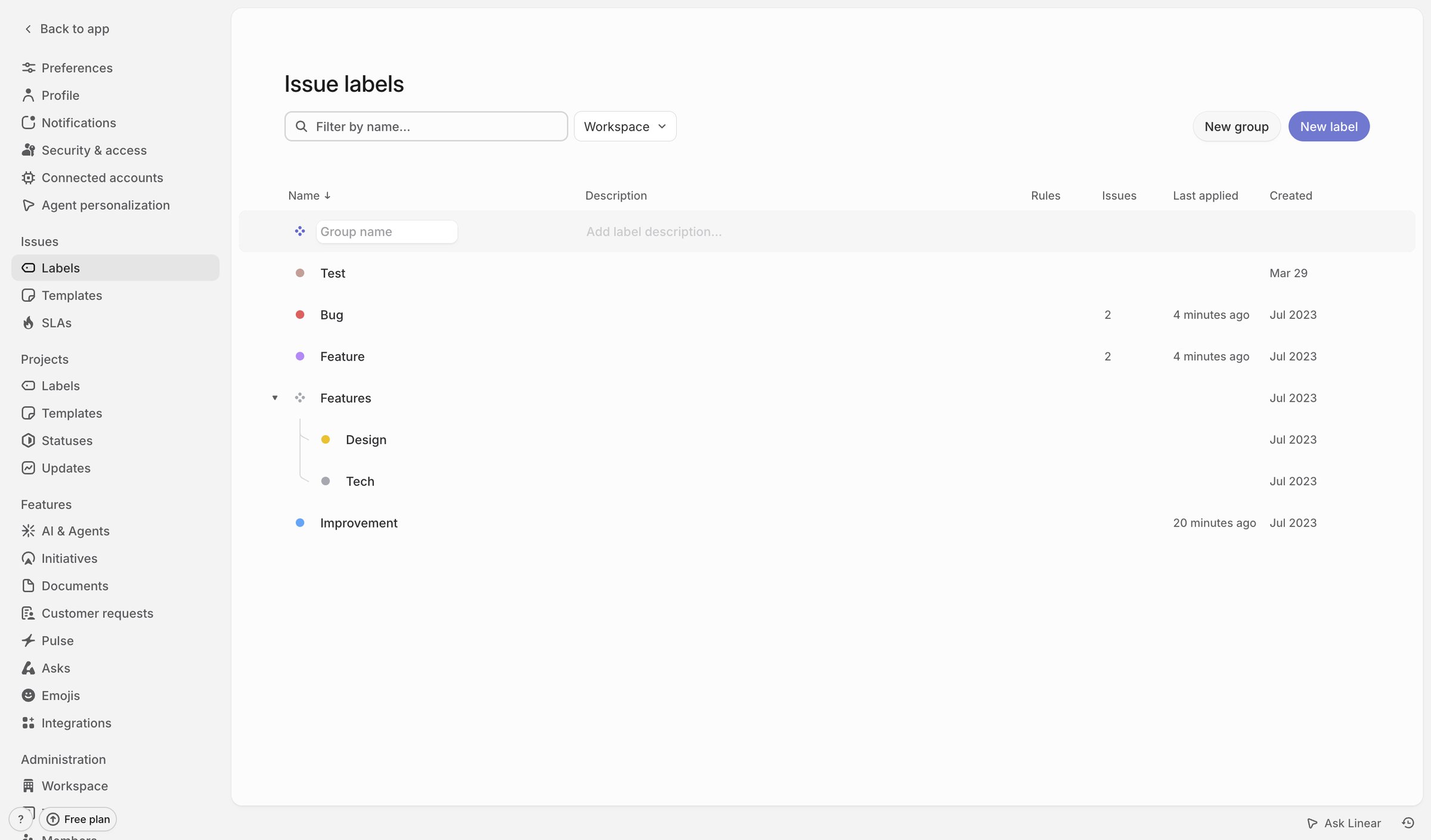 Linear - Issue labels screen