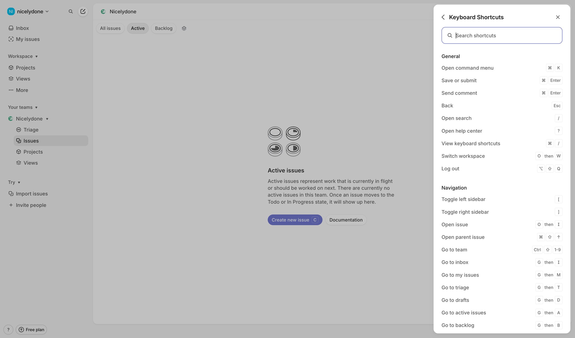 Linear - Nicelydone › Active issues screen