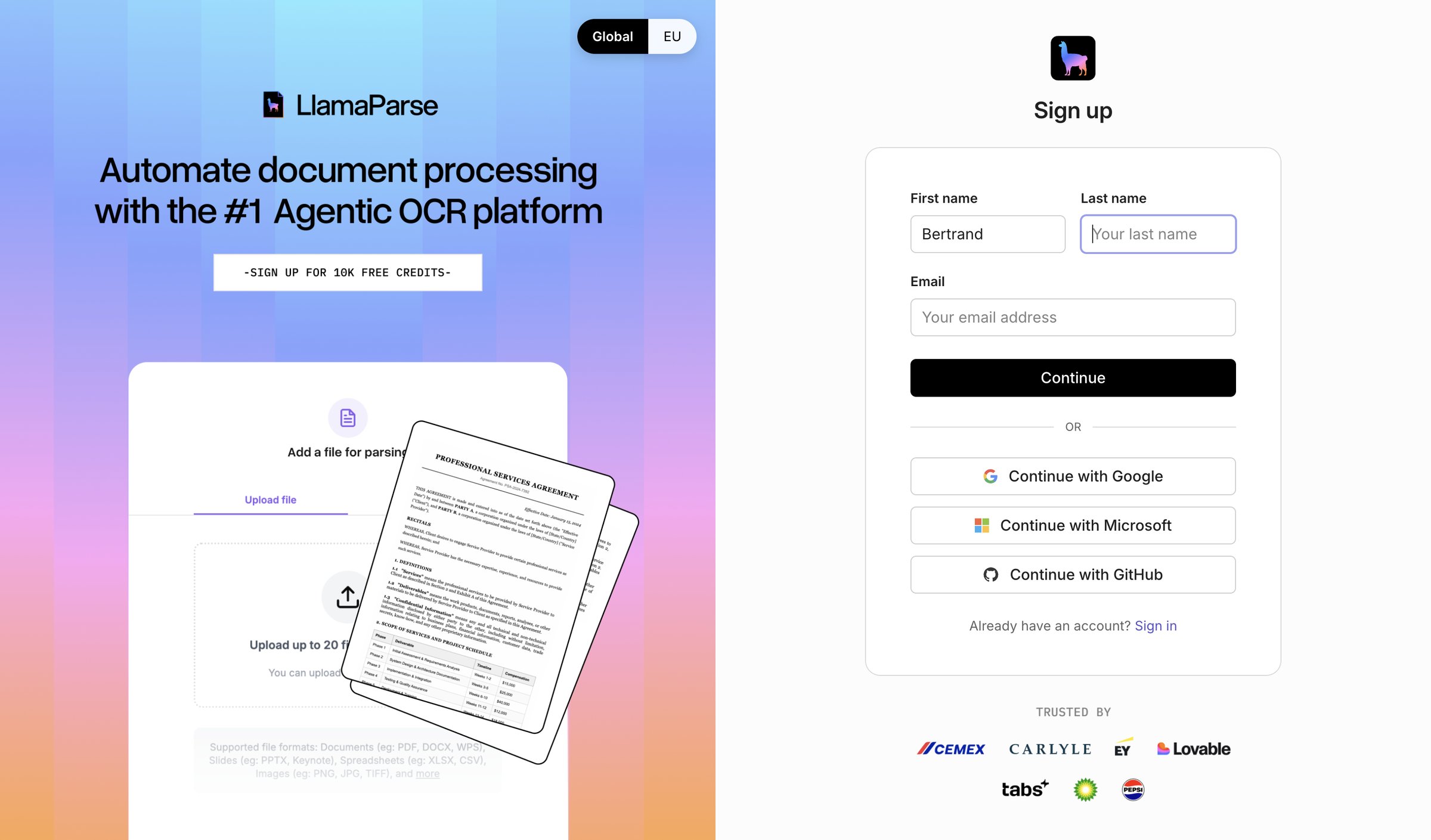 Llamaindex - Sign up screen