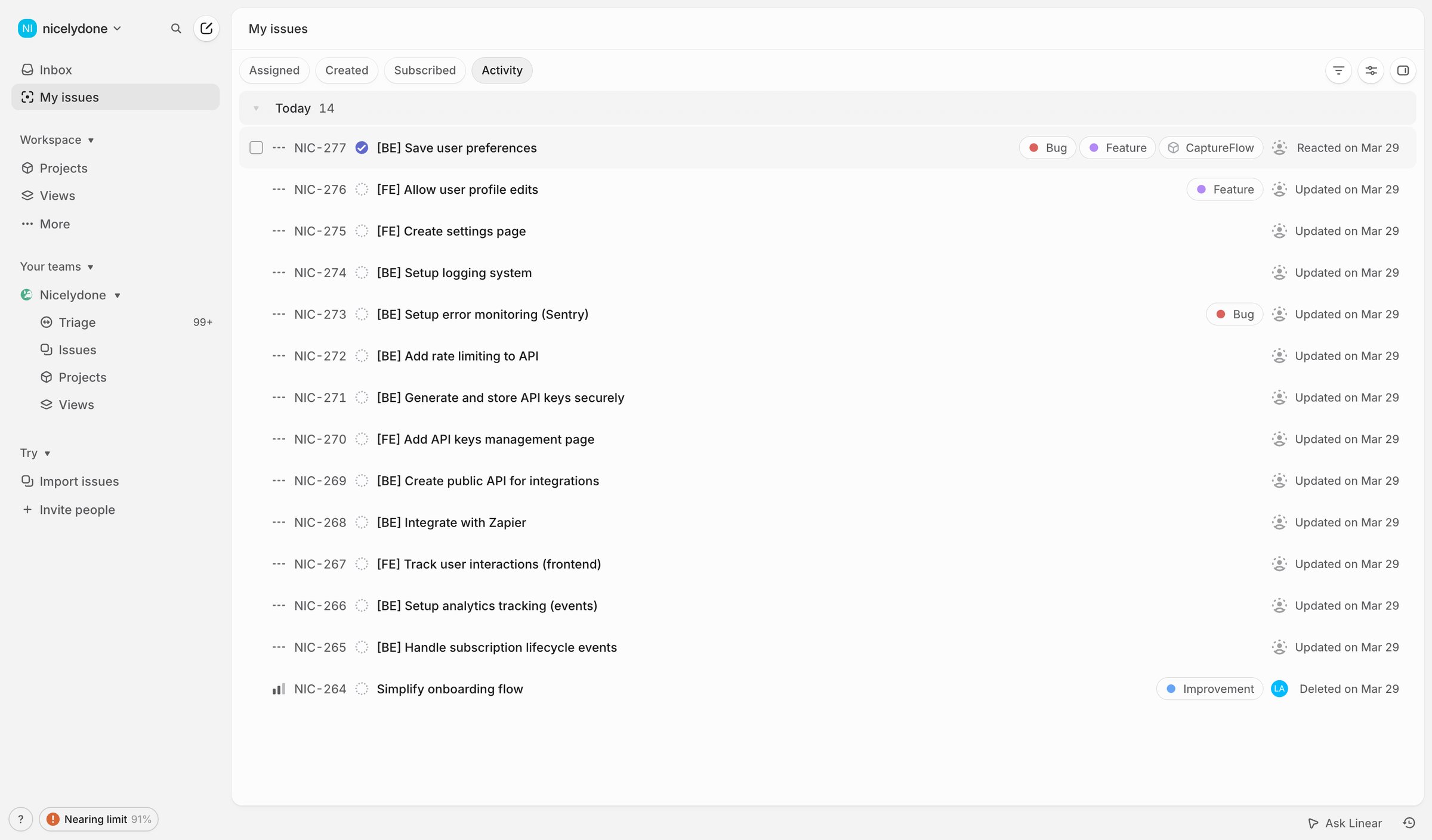 Linear - My issues › Activity screen