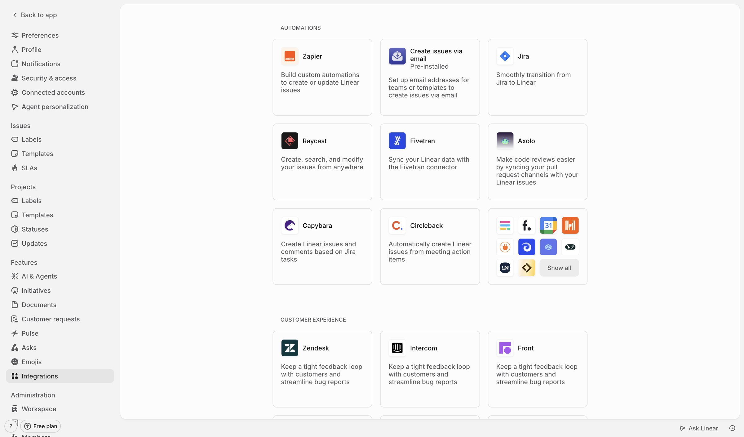 Linear - Integrations screen
